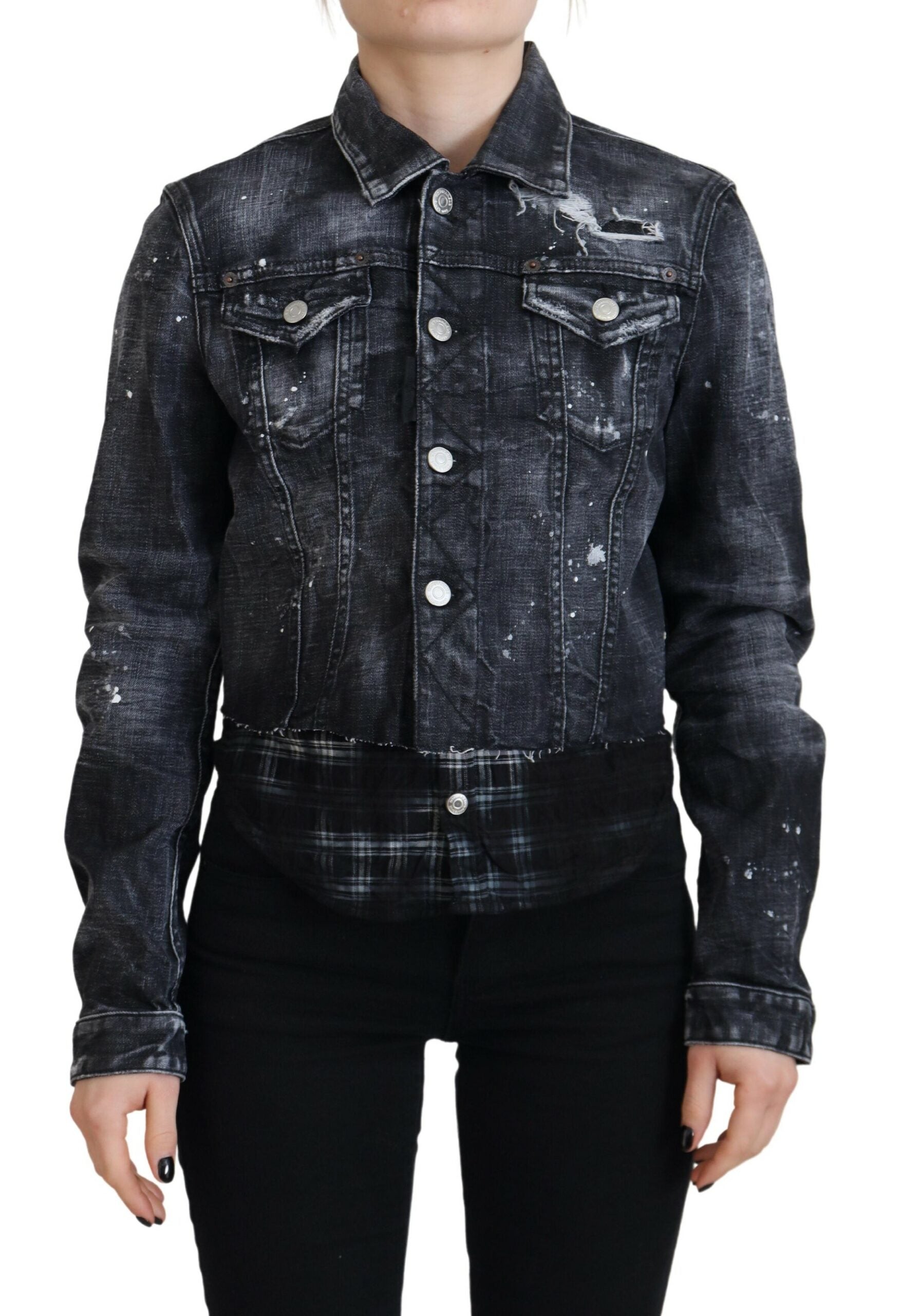 Grijs gewassen katoenen denim jack met slijtage