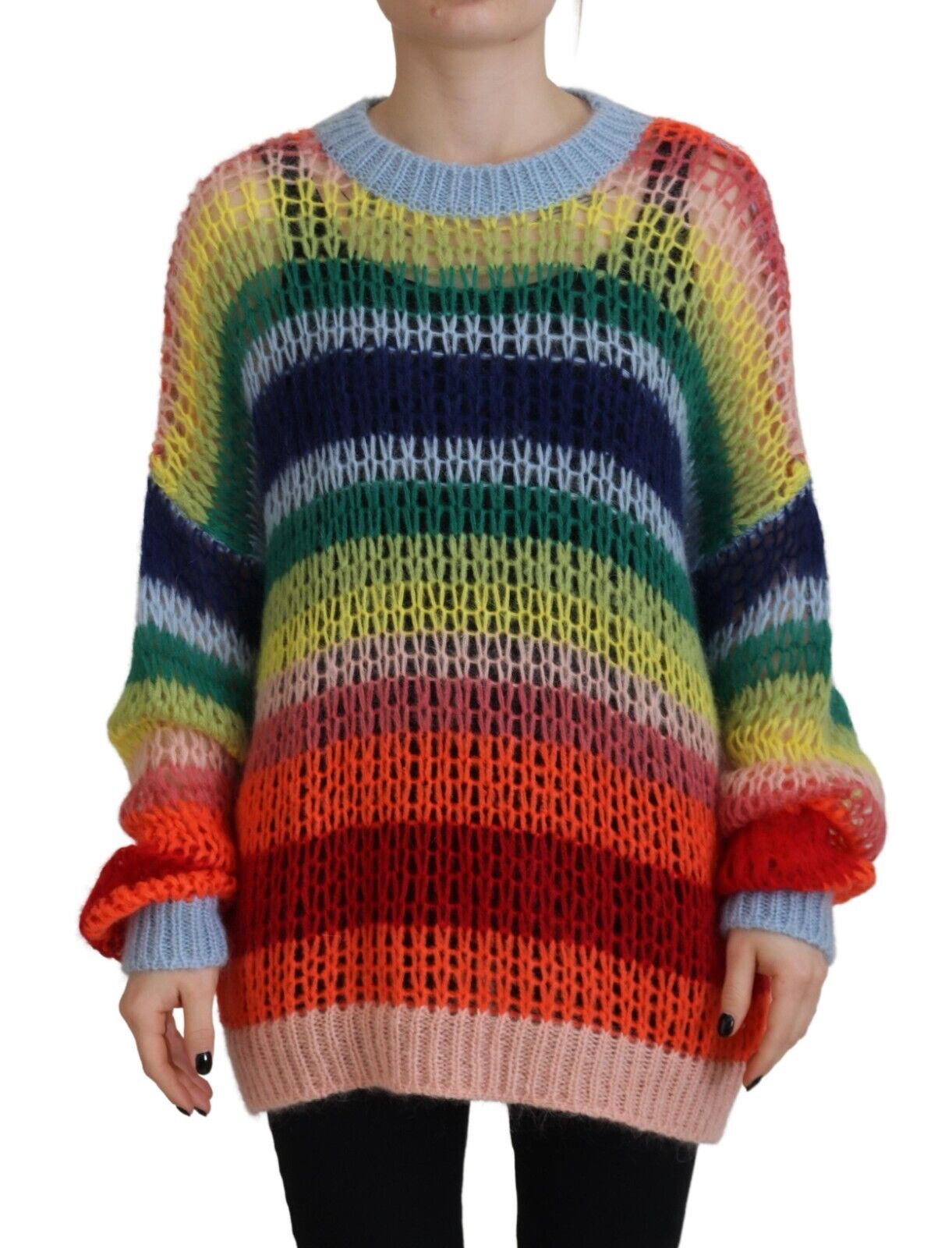 Veelkleurige gebreide mohair ronde hals trui