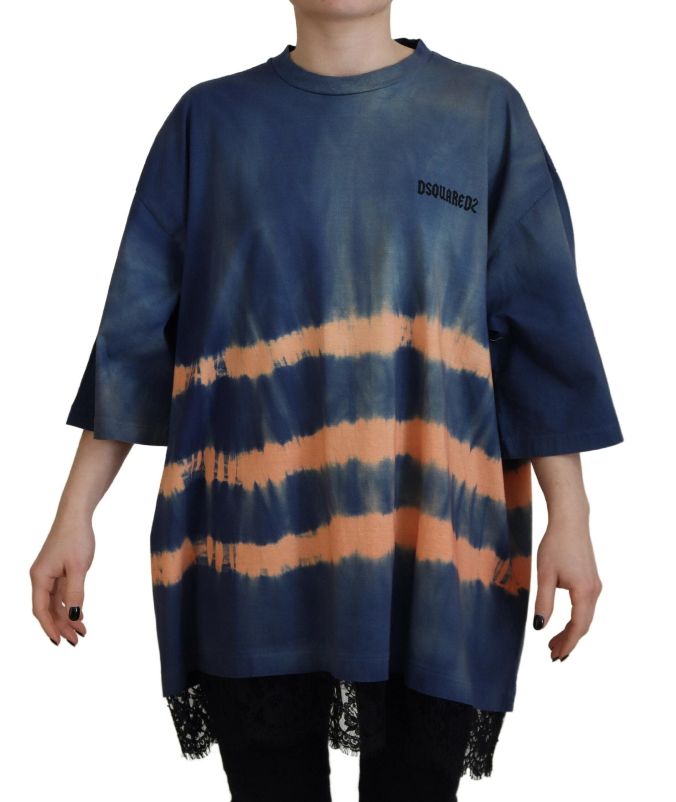 Blauw katoenen tie-dye T-shirt met korte mouwen en kant