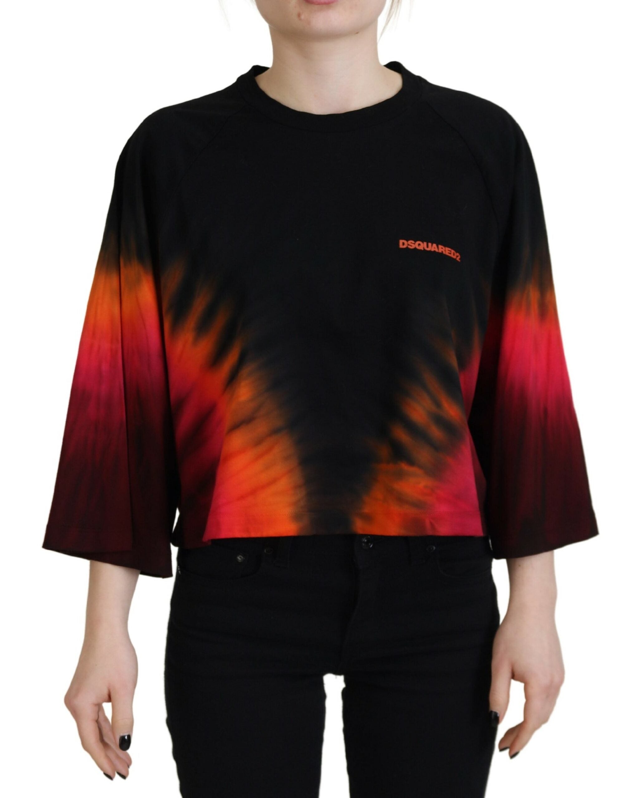 Zwarte katoenen tie-dye ronde hals casual top