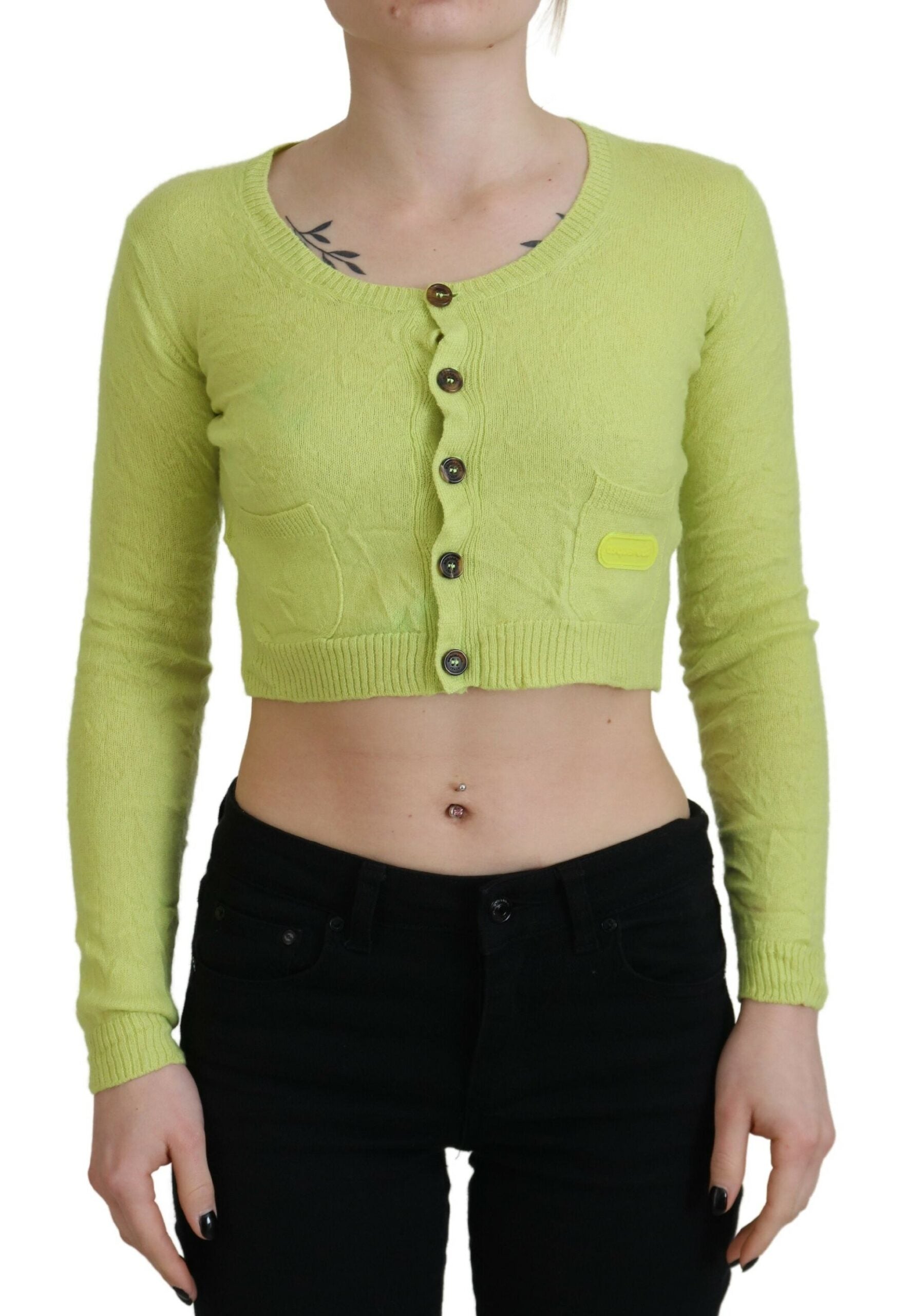 Geelgroene kasjmier trui met lange mouwen en cropped patroon