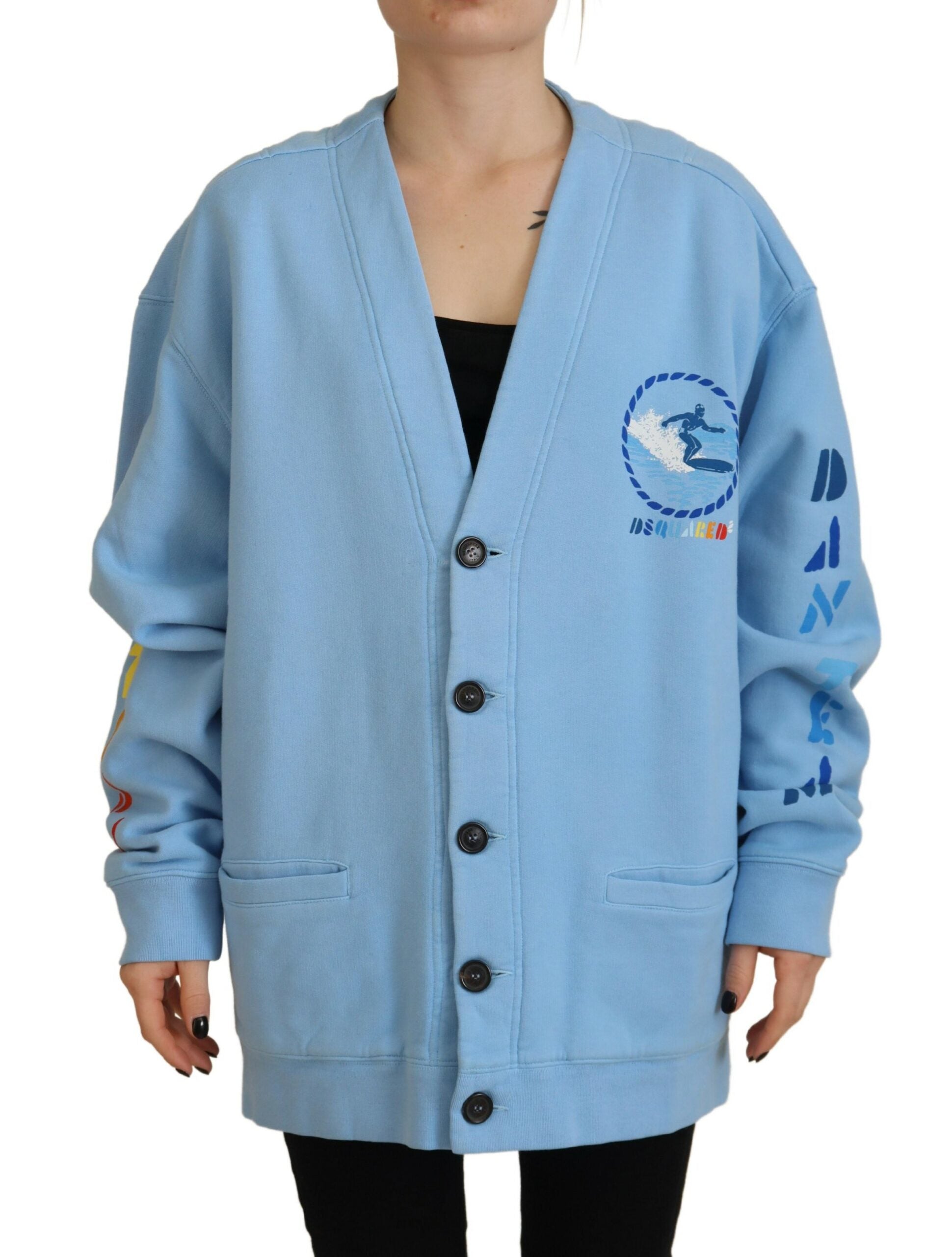 Blauwe katoenen gebreide vest met knopen