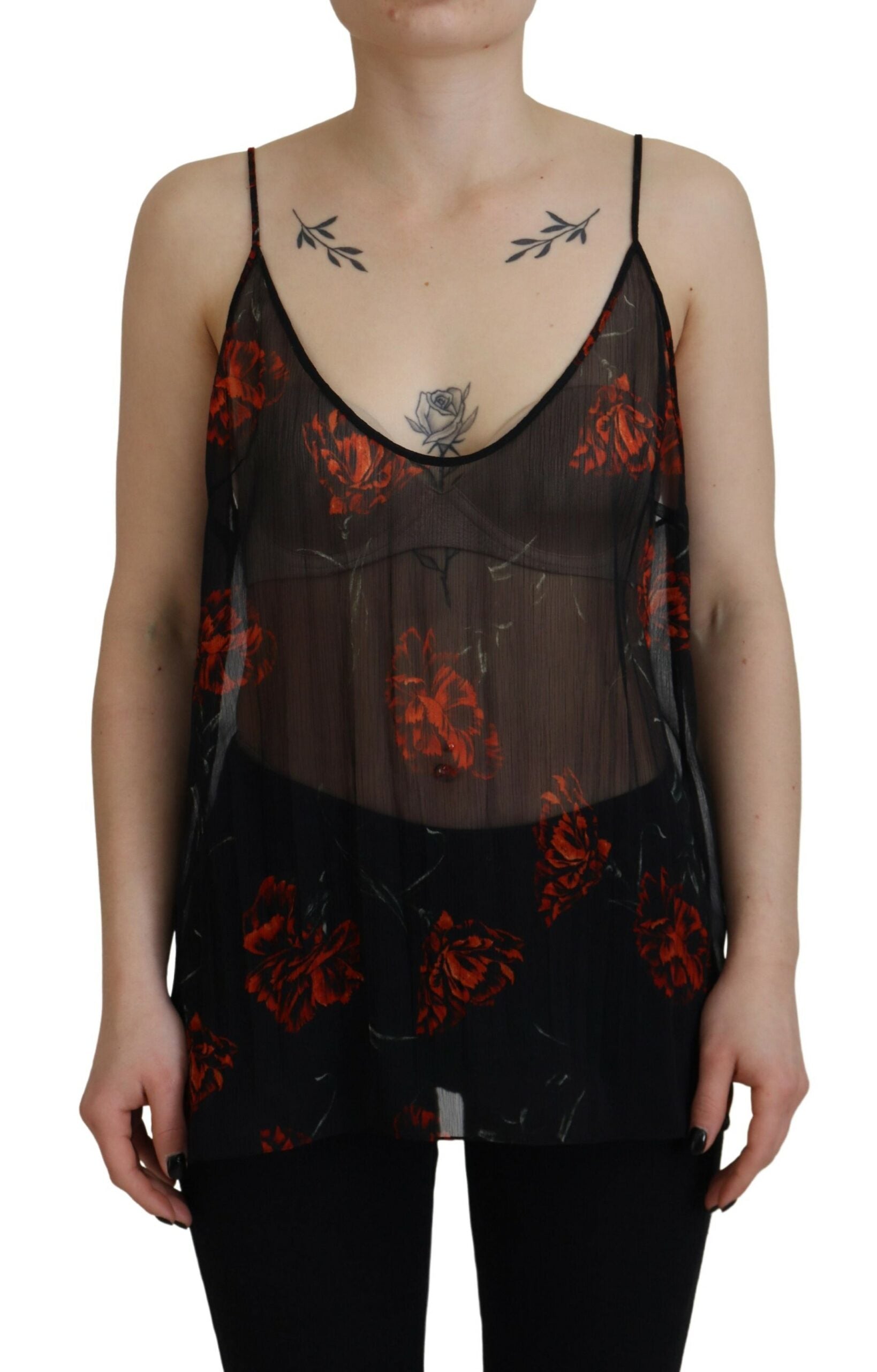 Zwarte tanktop met bloemenprint en spaghettibandjes