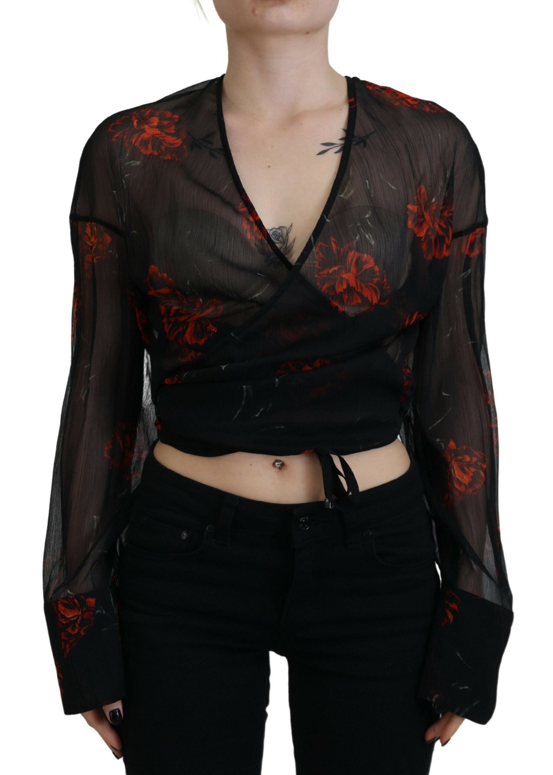 Zwarte cropped top met lange mouwen en bloemenprint