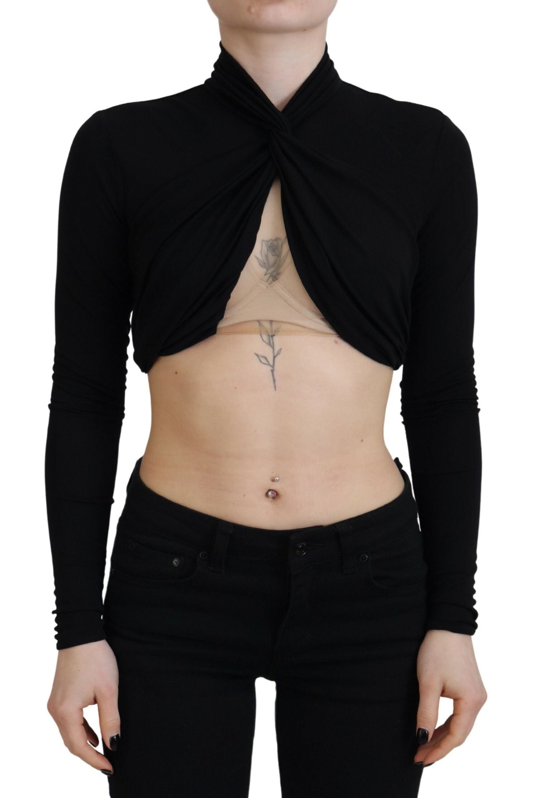 Zwarte cut-out viscose crop top met lange mouwen