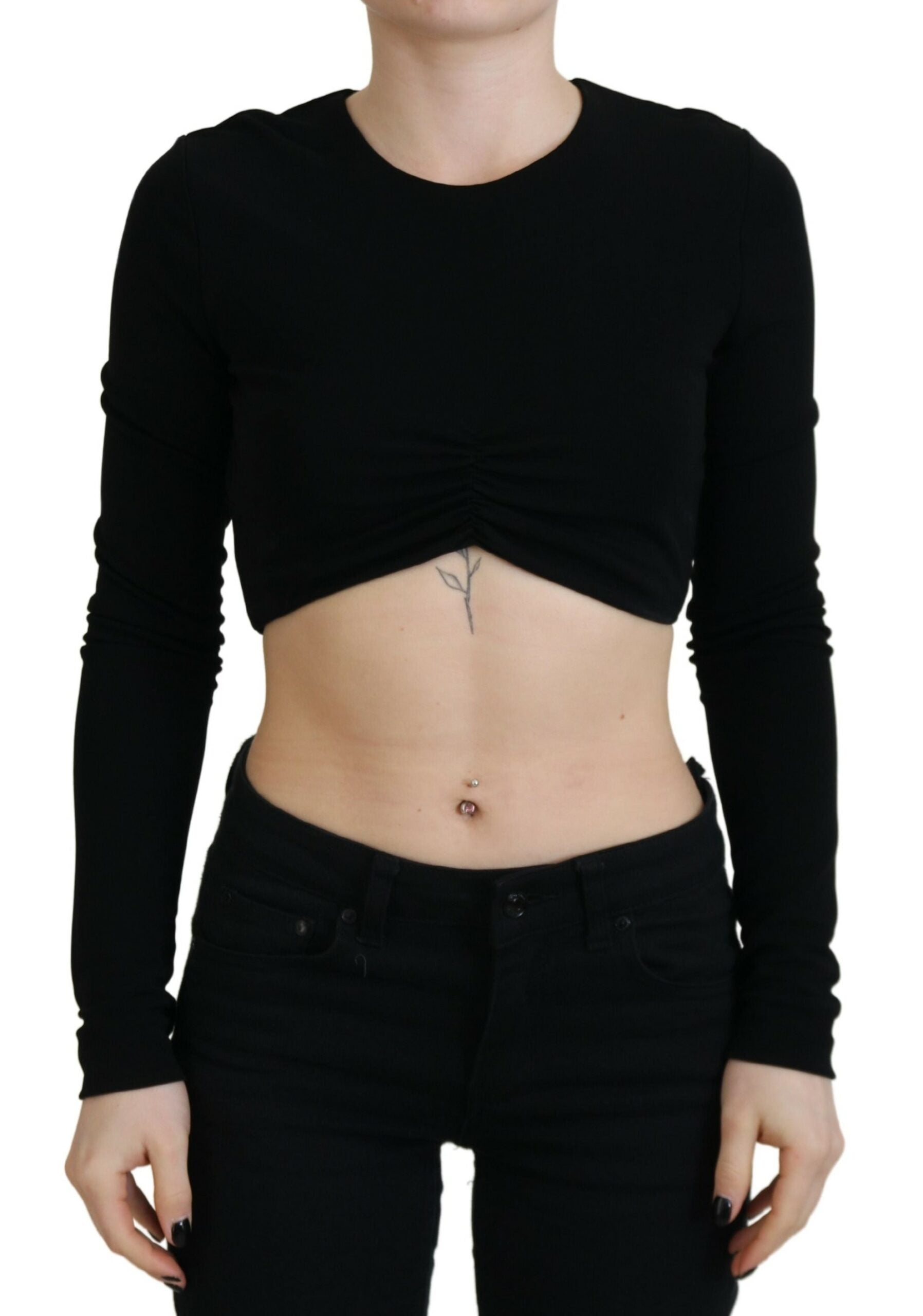 Zwarte viscose crop top met ronde hals en lange mouwen