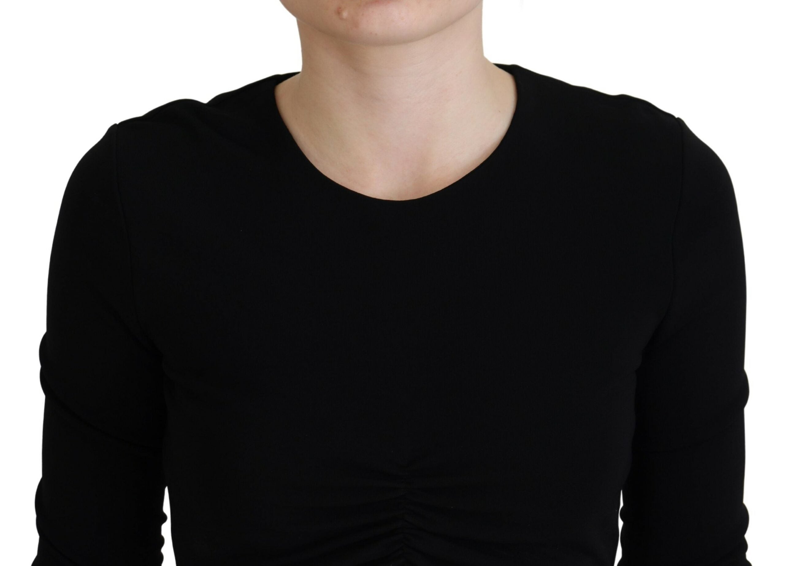 Zwarte viscose crop top met ronde hals en lange mouwen
