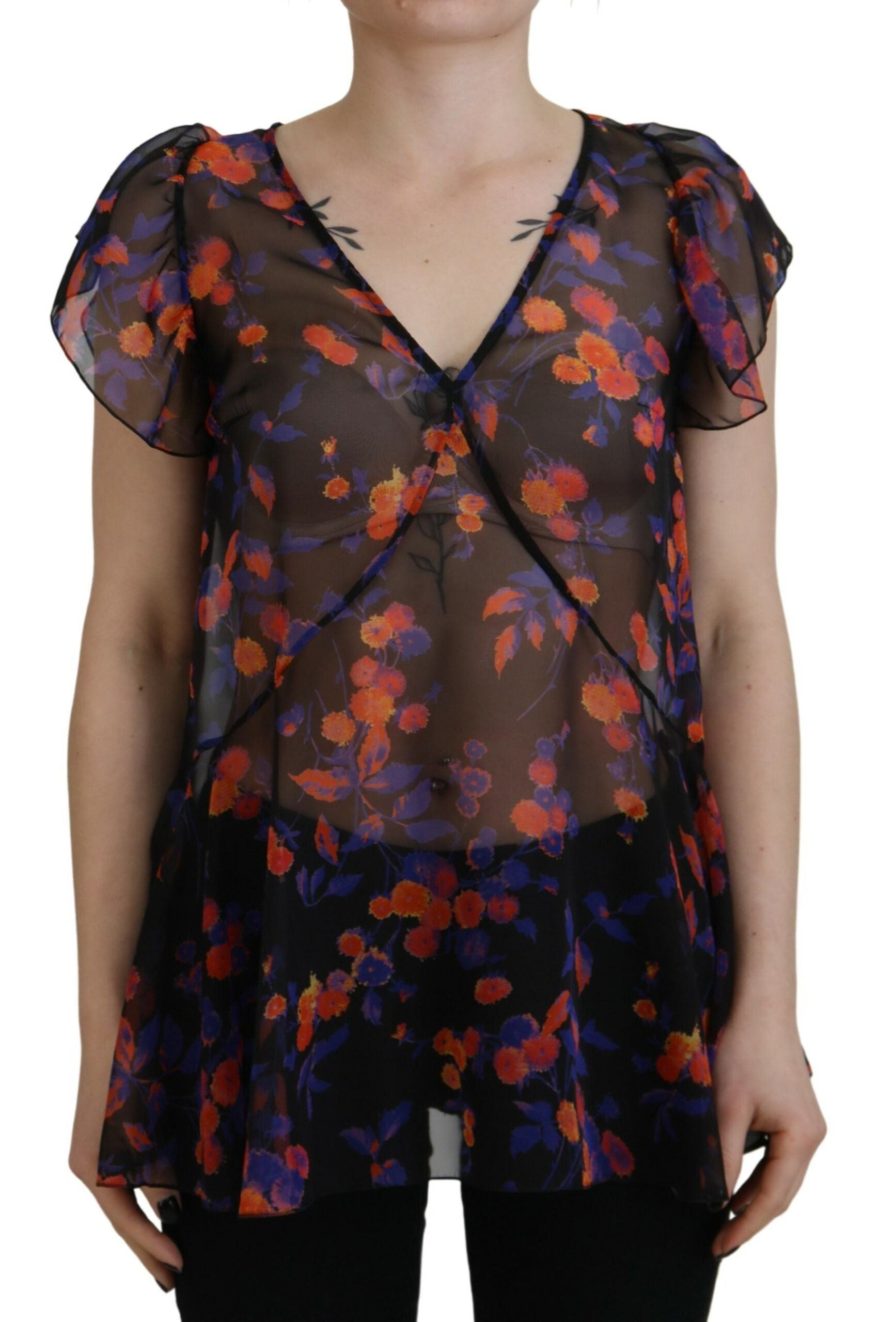 Zwarte blouse met bloemenprint, korte mouwen en V-hals