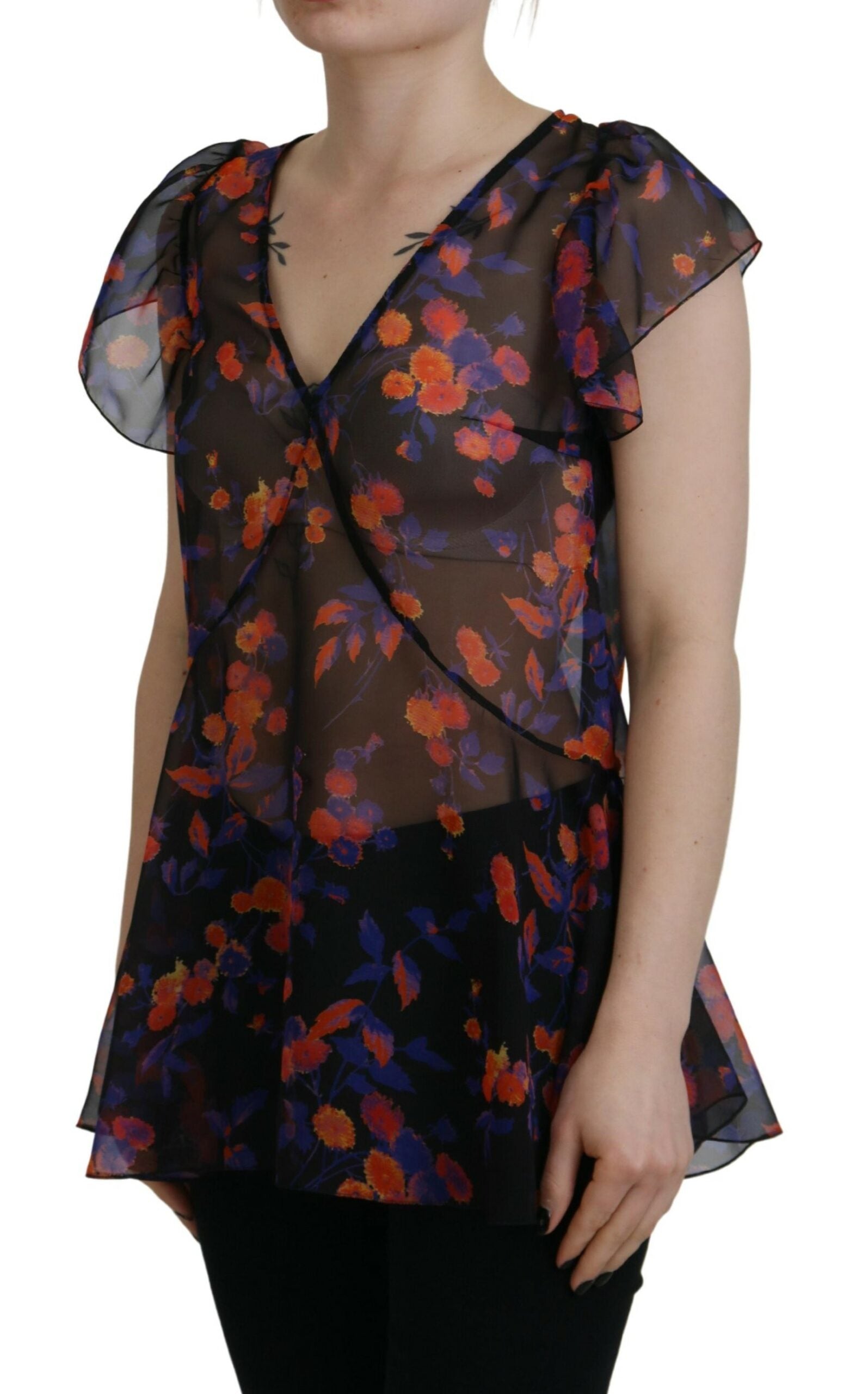 Zwarte blouse met bloemenprint, korte mouwen en V-hals
