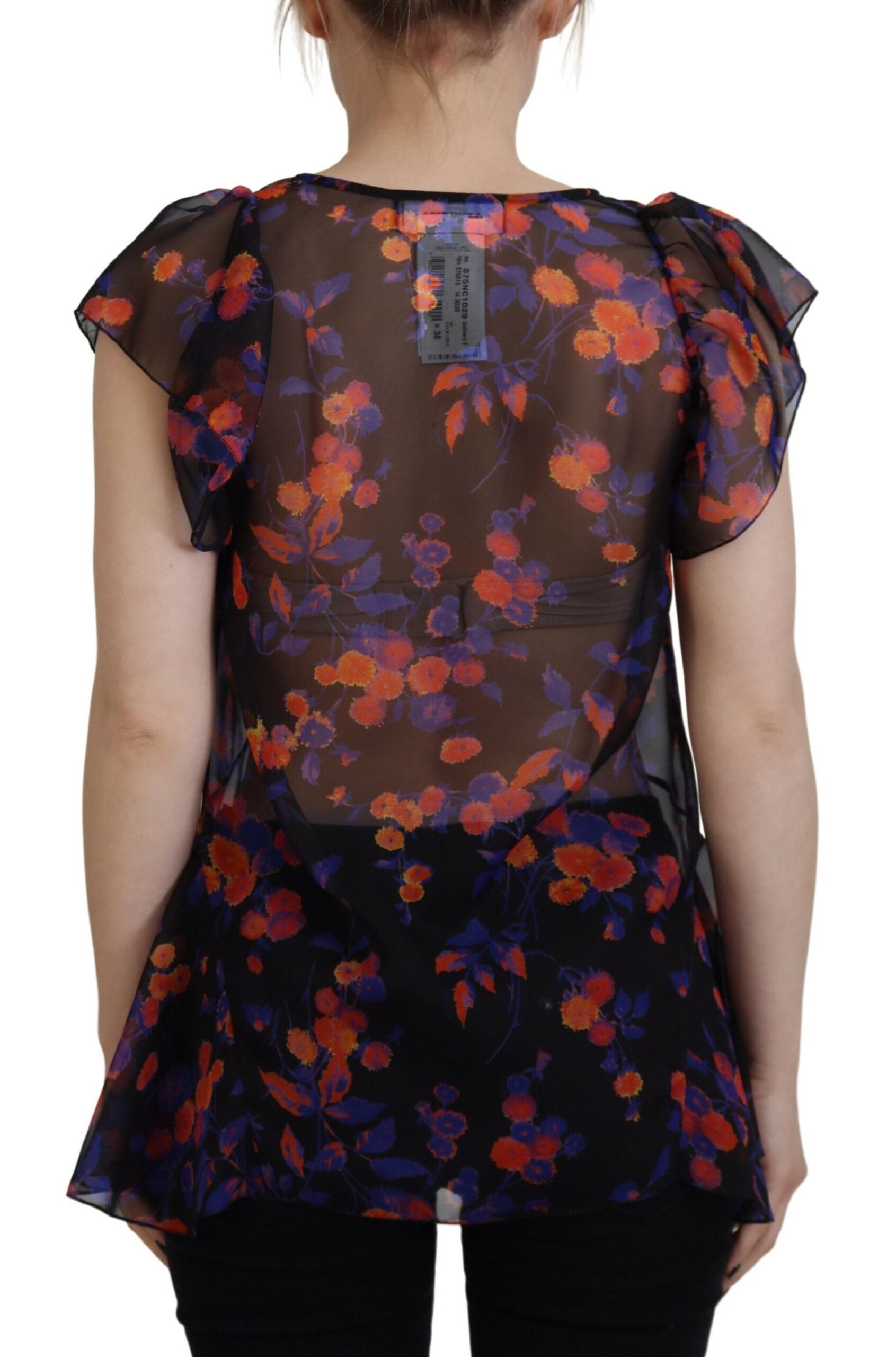 Zwarte blouse met bloemenprint, korte mouwen en V-hals