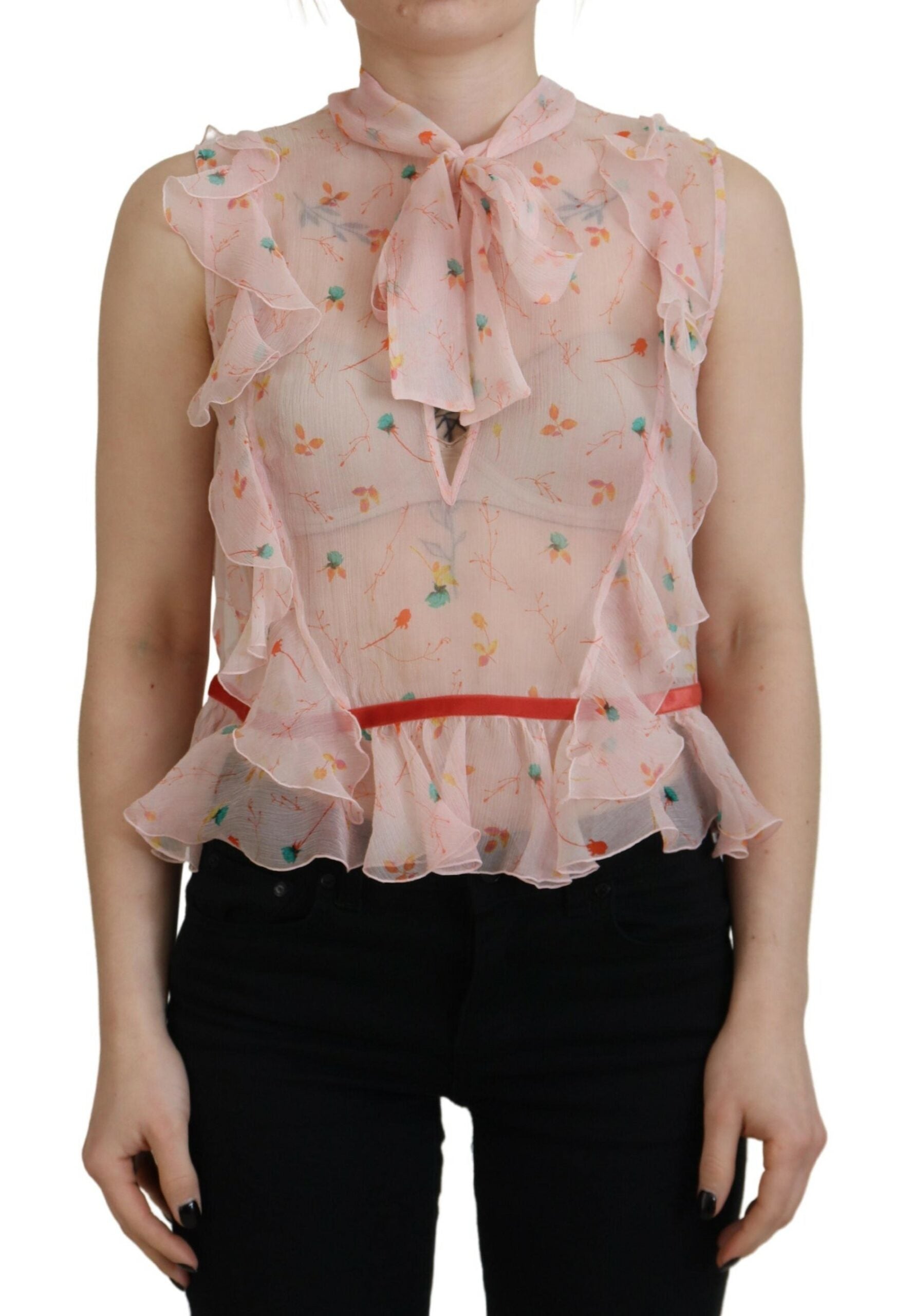 Roze zijden top met bloemenprint en Ascot-kraag zonder mouwen