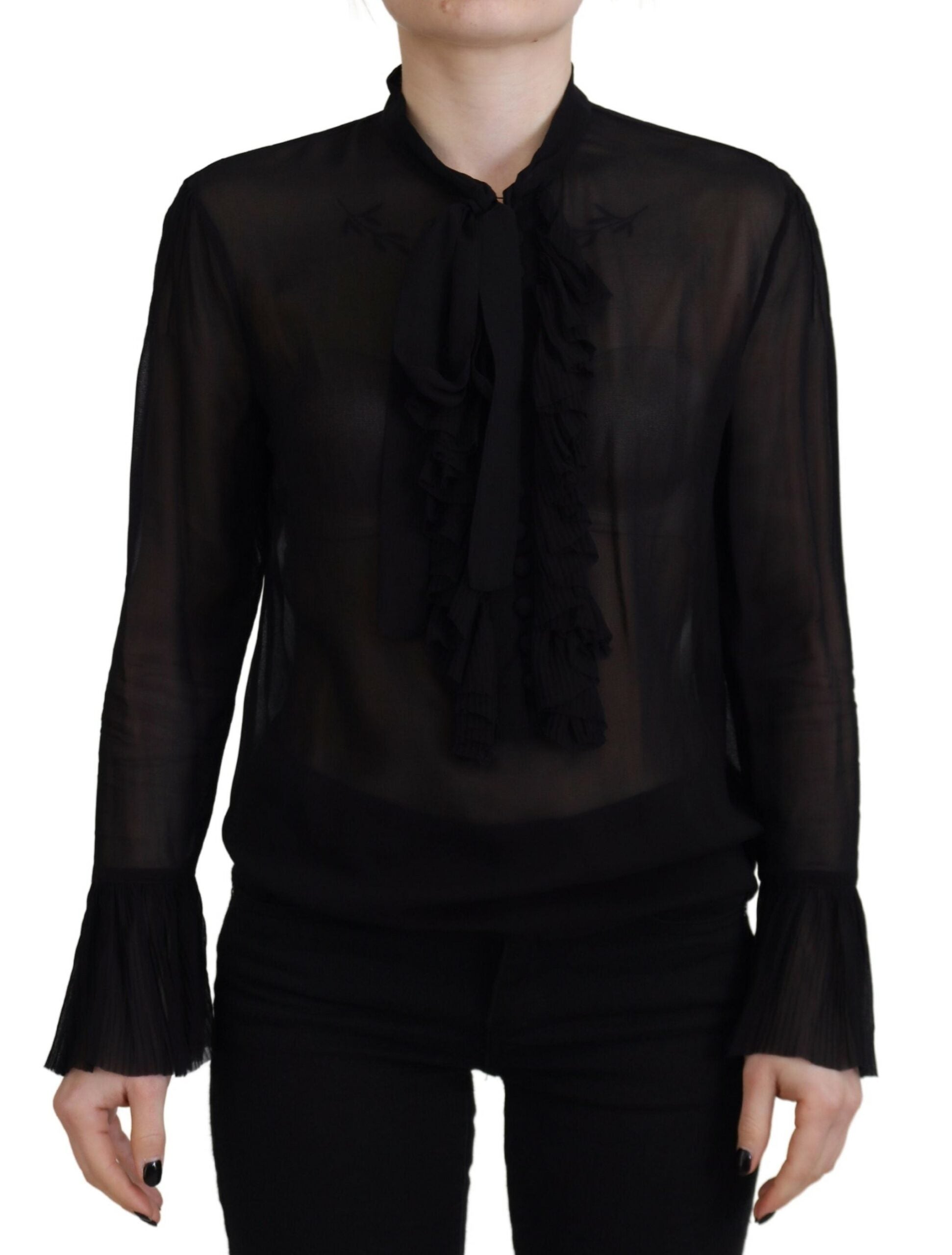 Zwarte viscose blouse met lange mouwen en doorschijnende top