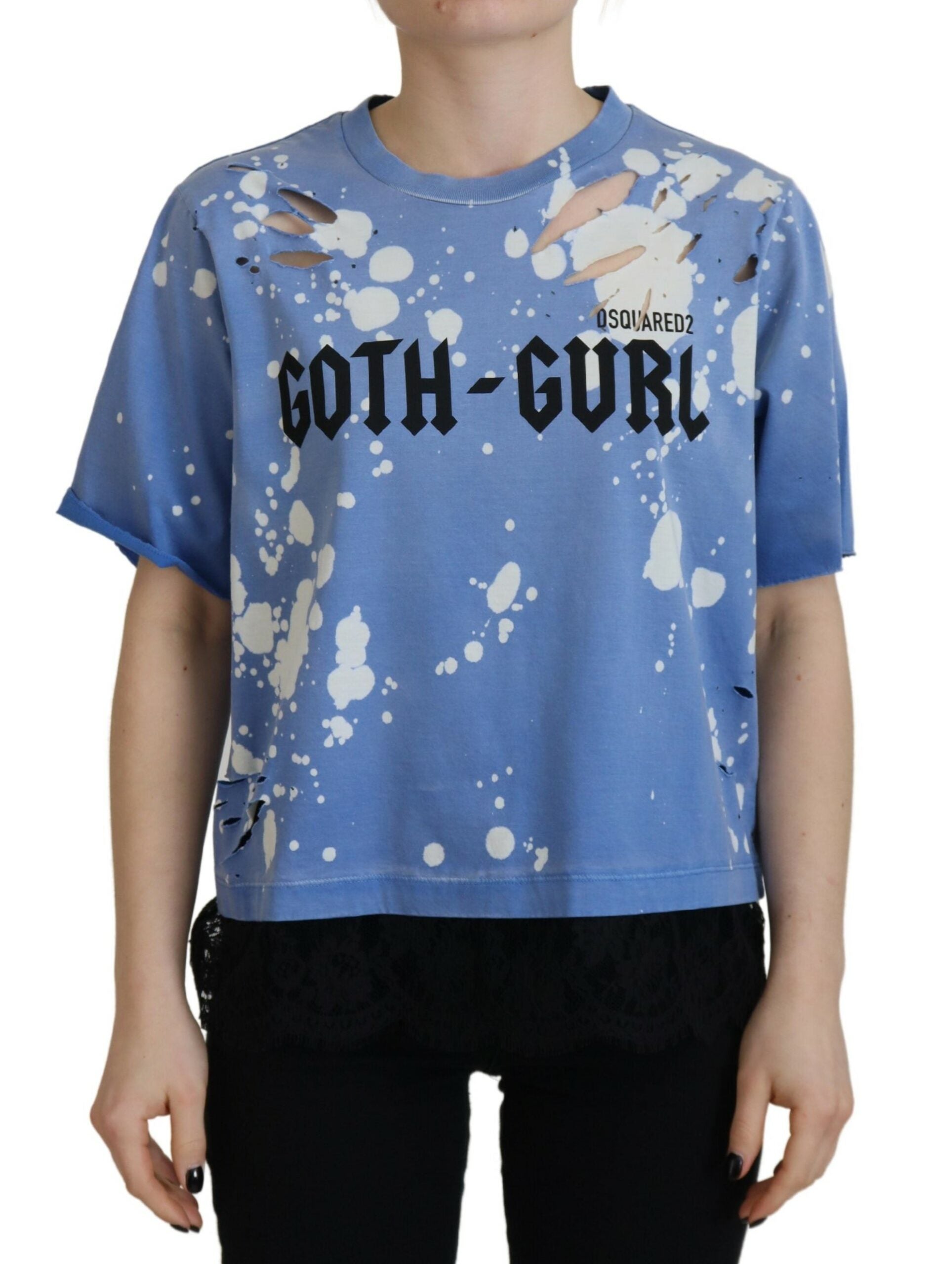 Blauwe Goth Girl Print Zwarte Kant Katoenen T-shirt