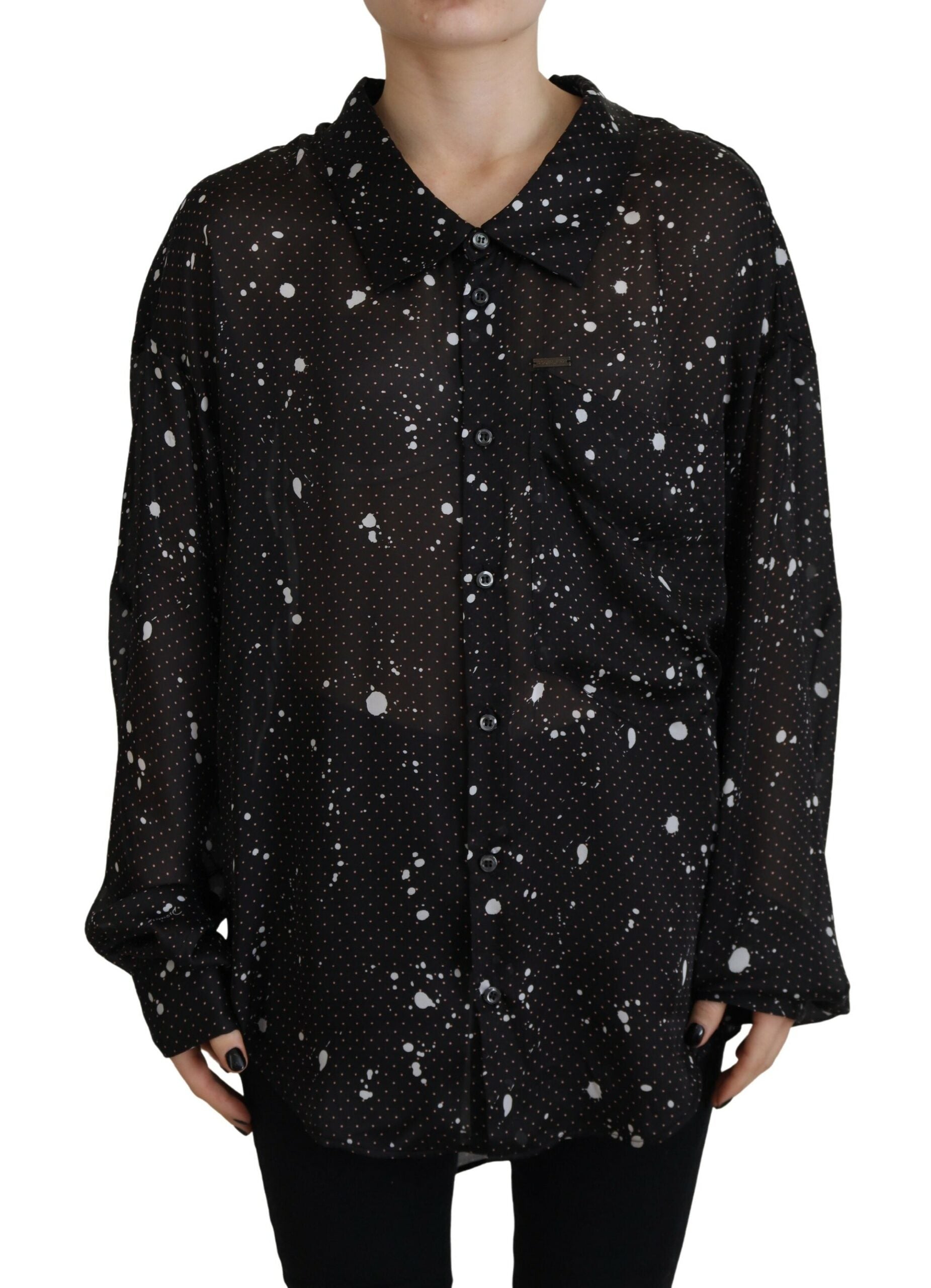 Zwarte blouse met stippen en kraag en knoopjes