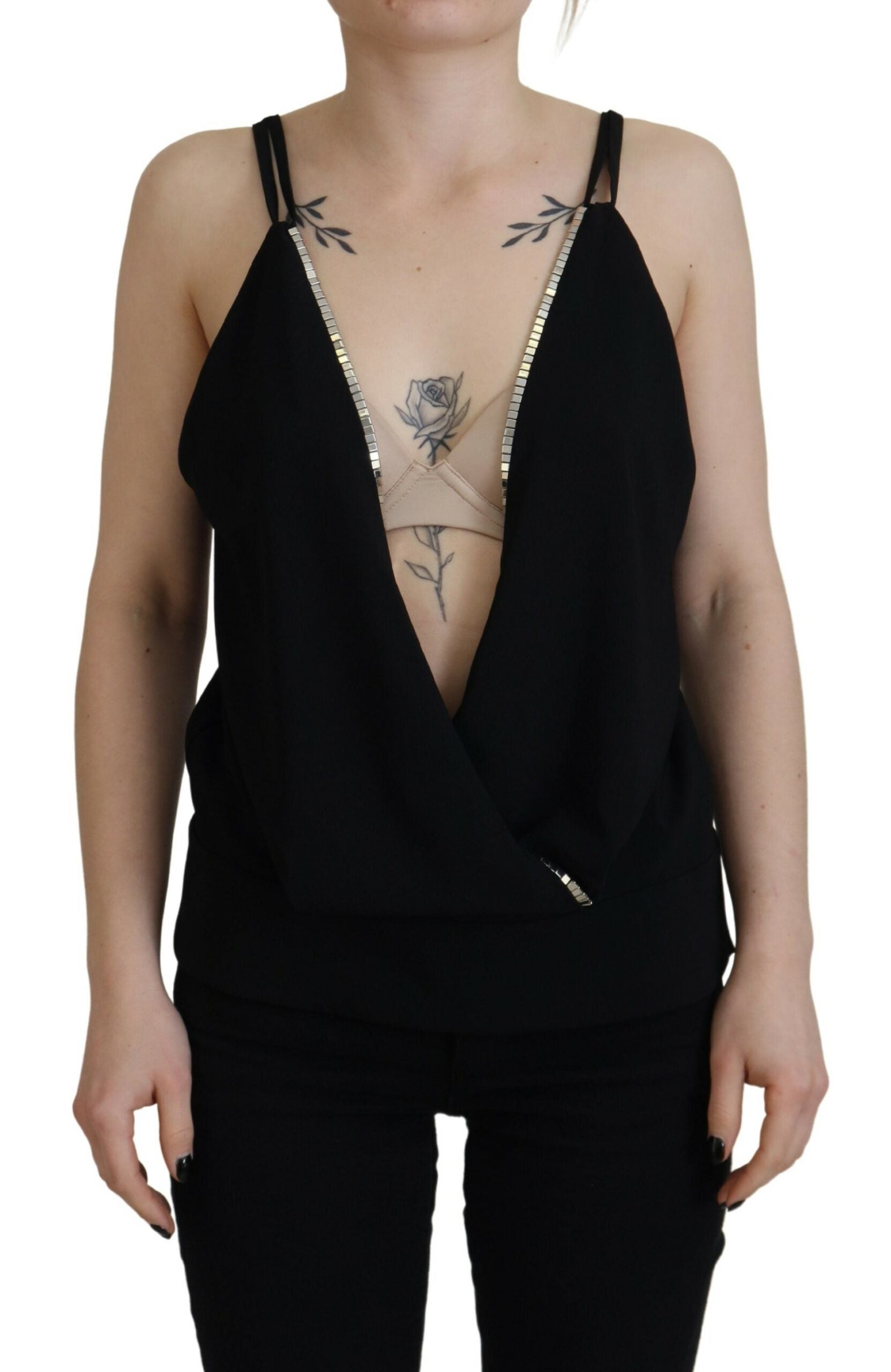 Zwarte, versierde, diepe V-hals, mouwloze tanktop