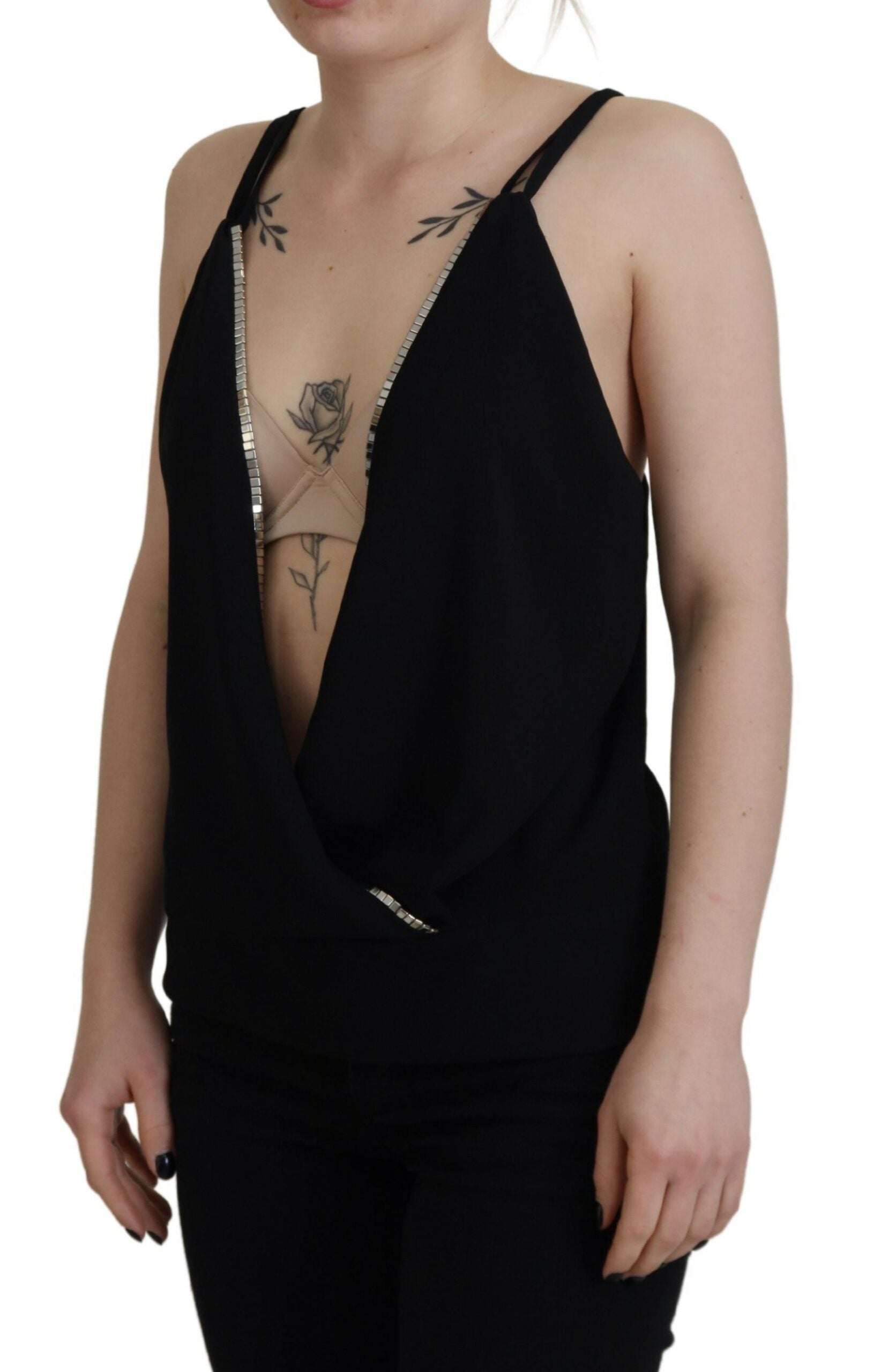 Zwarte, versierde, diepe V-hals, mouwloze tanktop