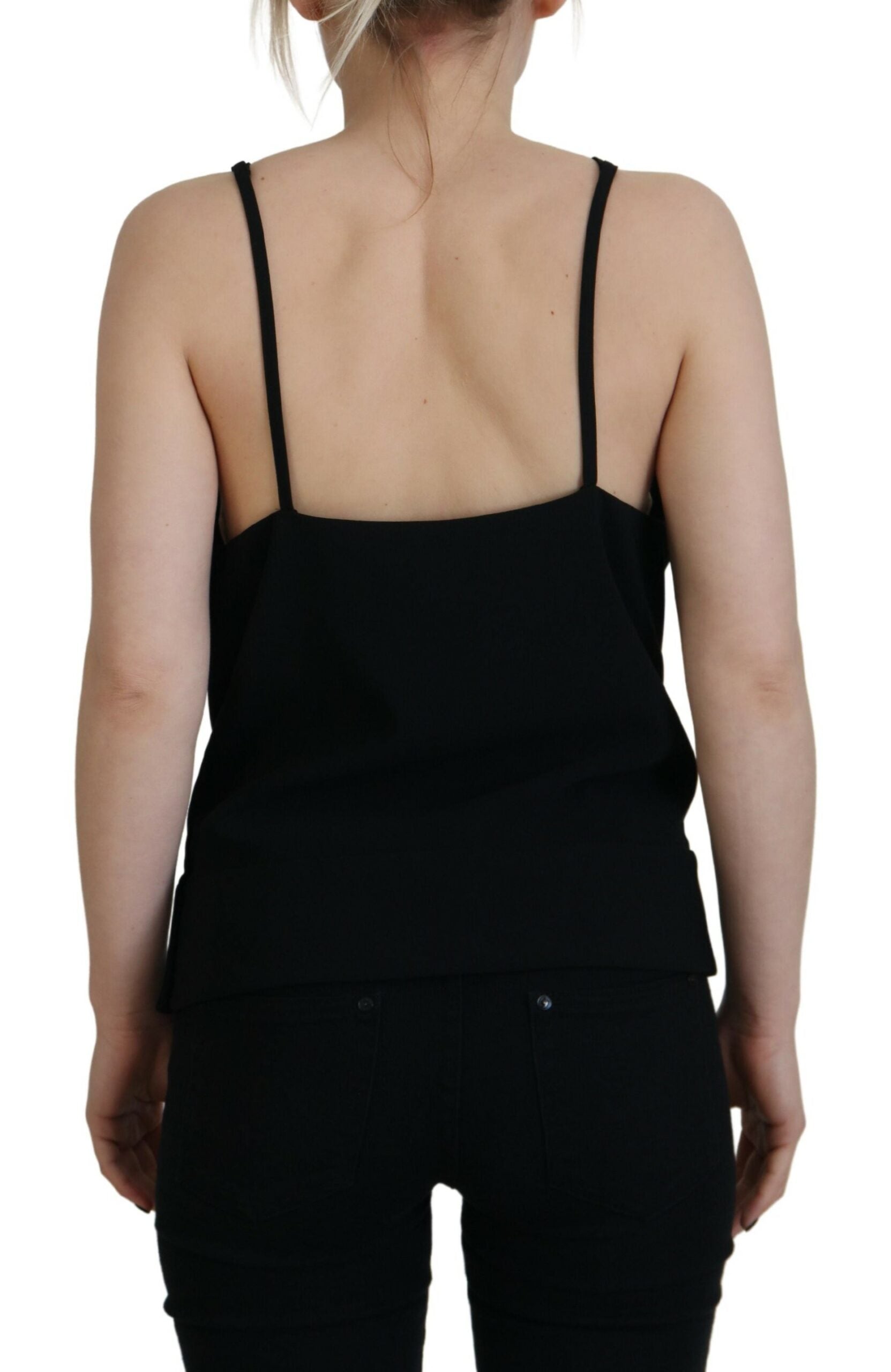 Zwarte, versierde, diepe V-hals, mouwloze tanktop