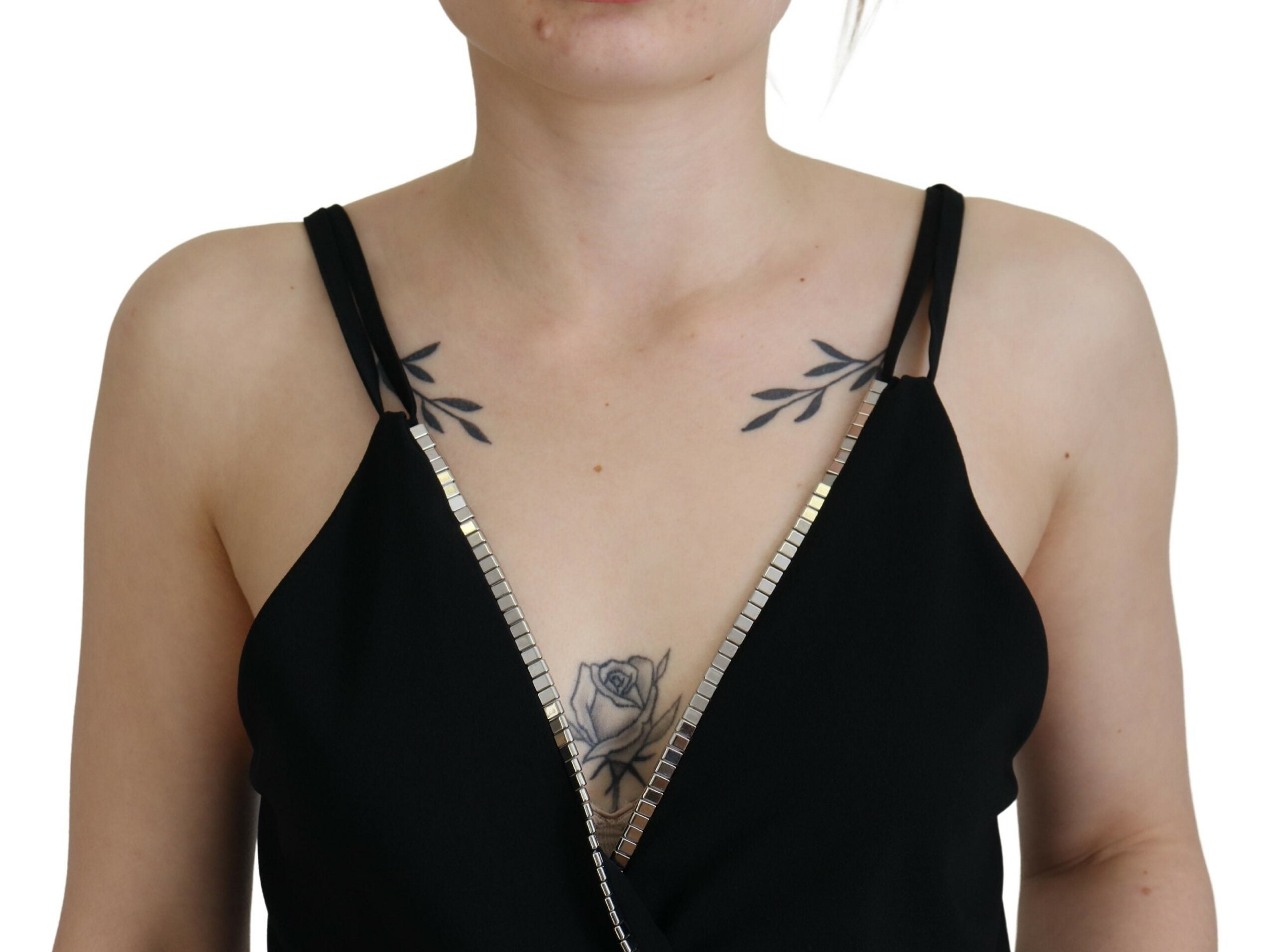 Zwarte, versierde, diepe V-hals, mouwloze tanktop