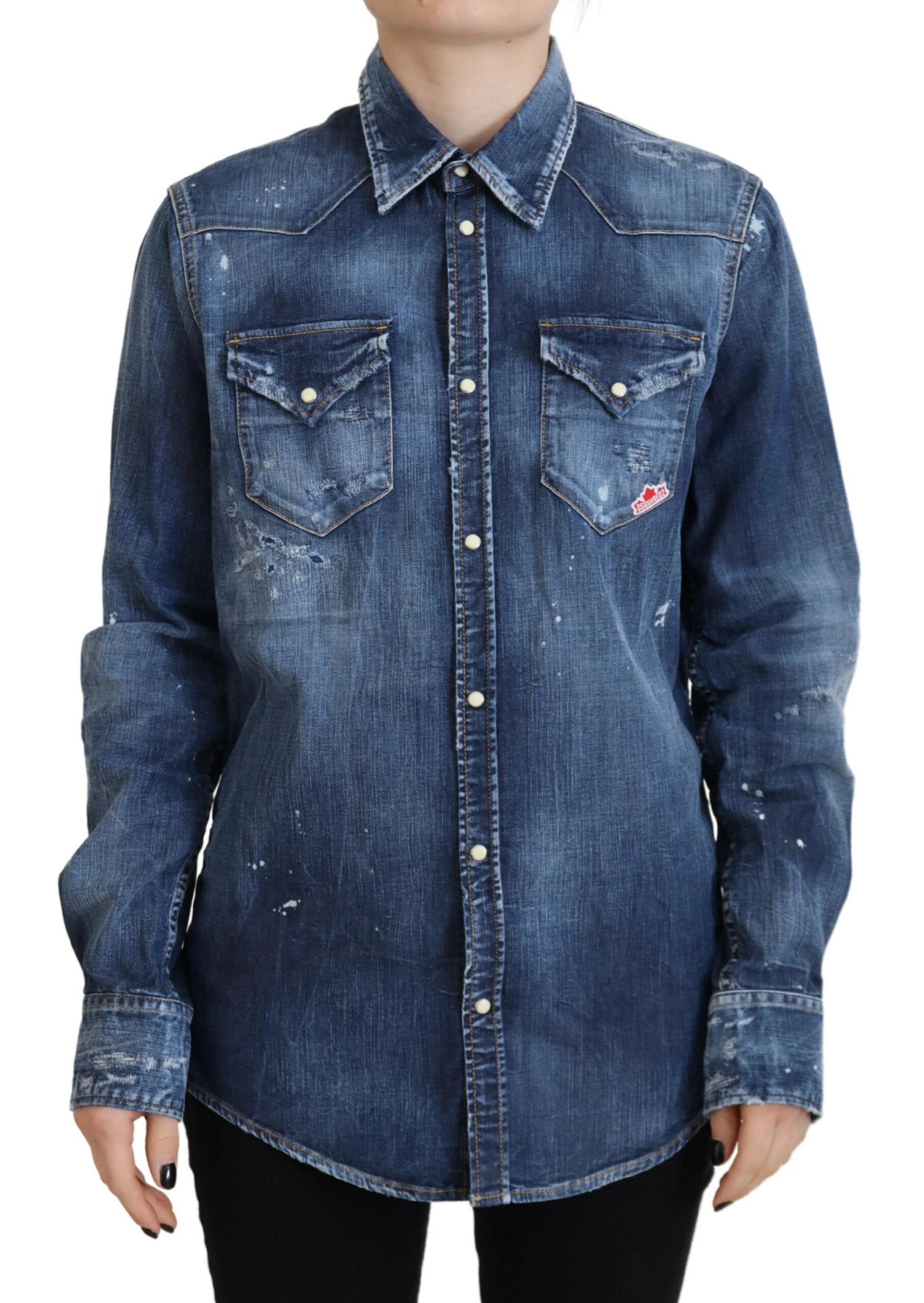 Blauw gewassen katoenen overhemd met kraag en knoopjes
