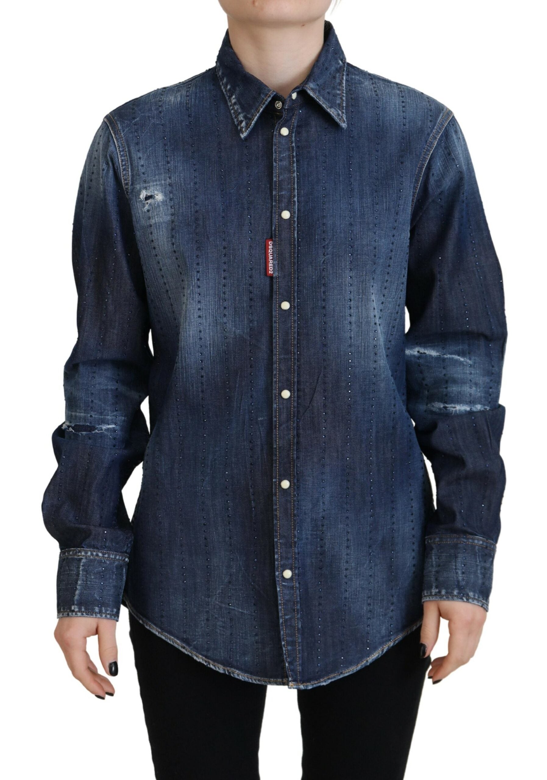Blauwe gewassen katoenen denim top met knoopjes en kraag
