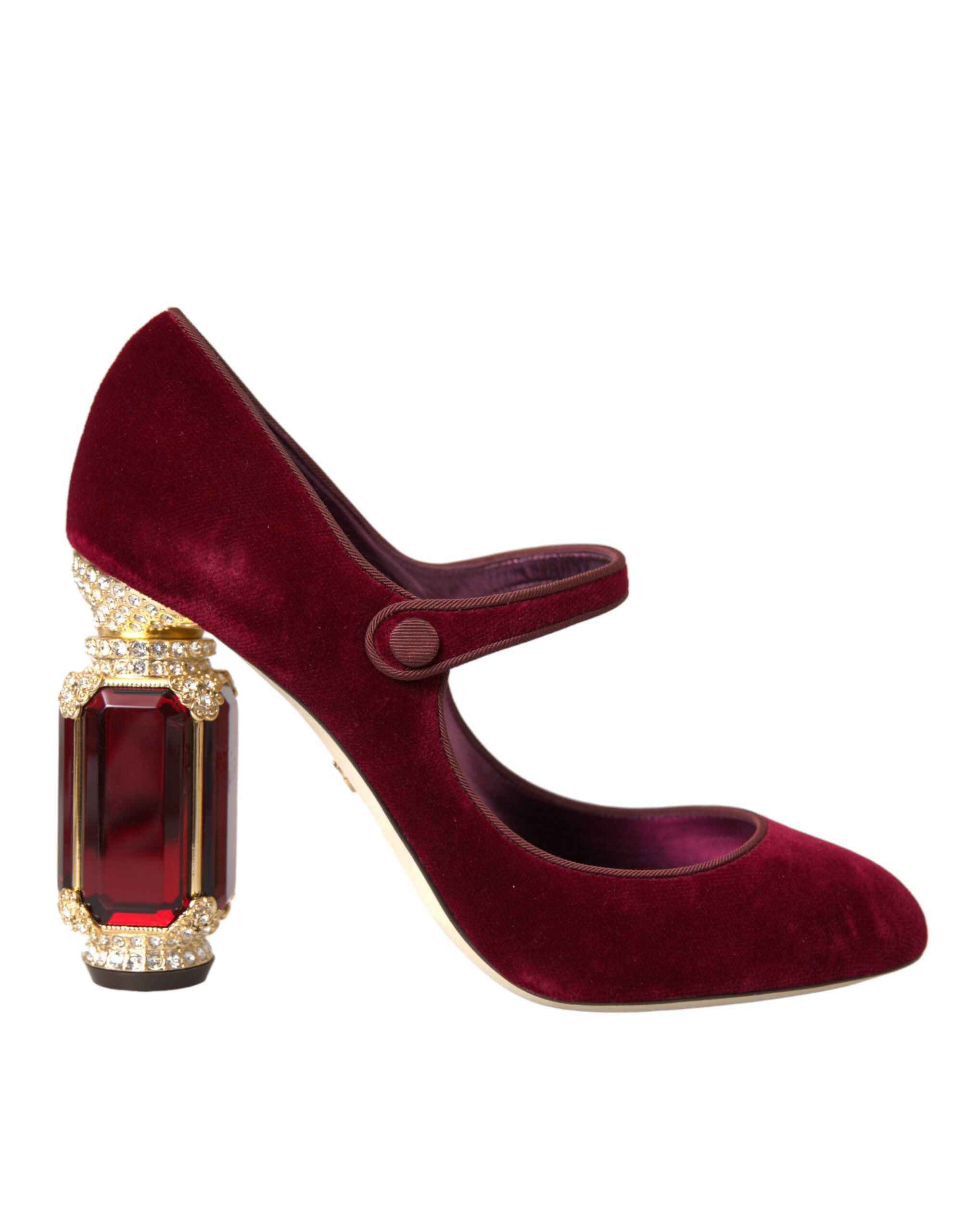 Mary Jane-schoenen met rode fluwelen gouden kristallen hakken