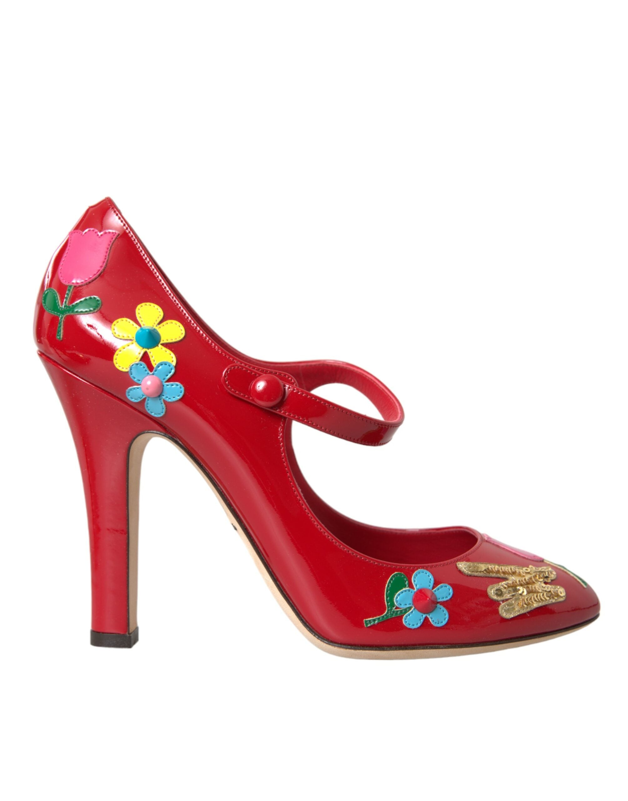 Rode leren Mary Jane pumps met hak en versieringen