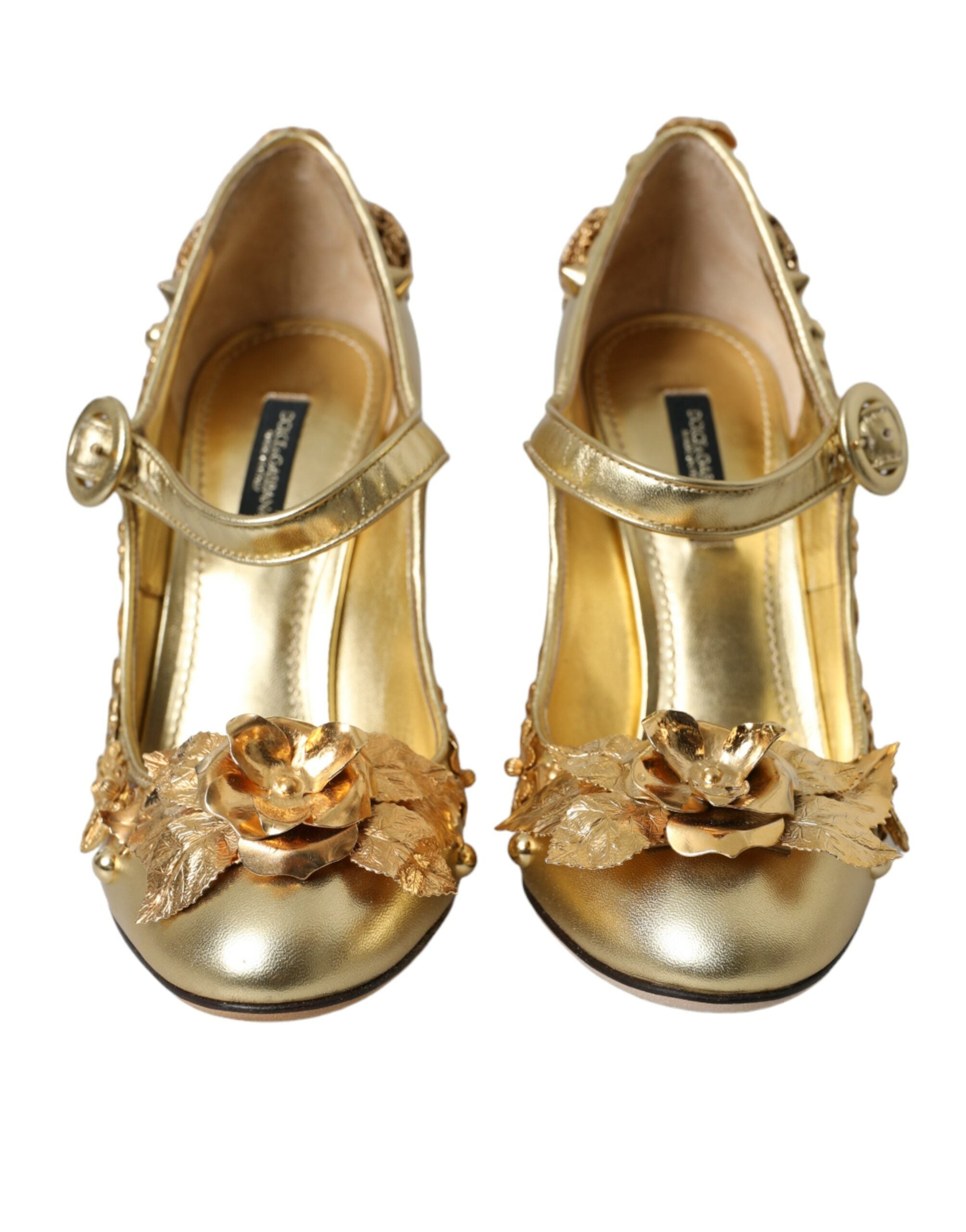 Gouden leren Mary Janes pumps met kristallen