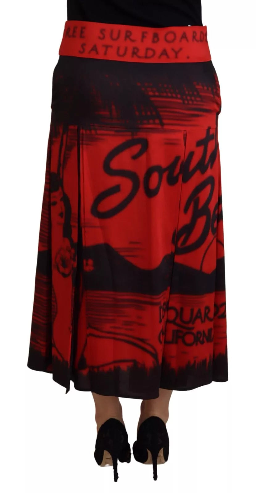 Rode geplooide midi-rok met hoge taille en A-lijn print