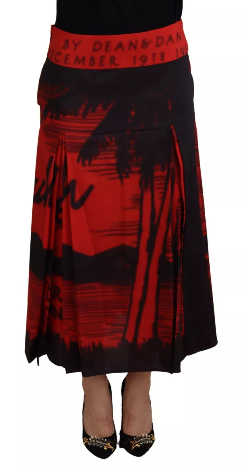 Rode geplooide midi-rok met hoge taille en A-lijn print