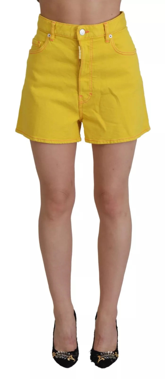 Gele katoenen hoge taille baggy dames hotpants shorts