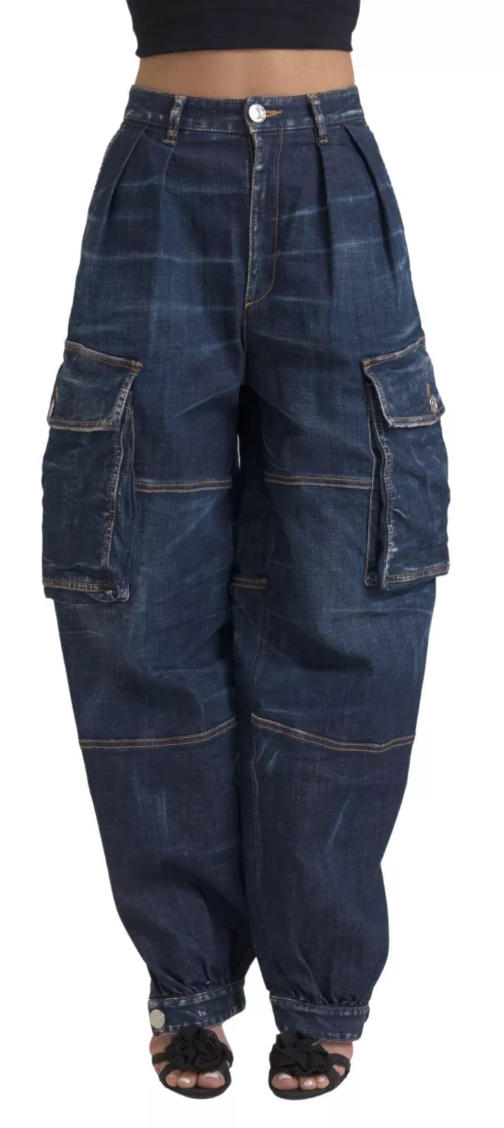 Blauwe katoenen cargo baggy denim jeans met hoge taille