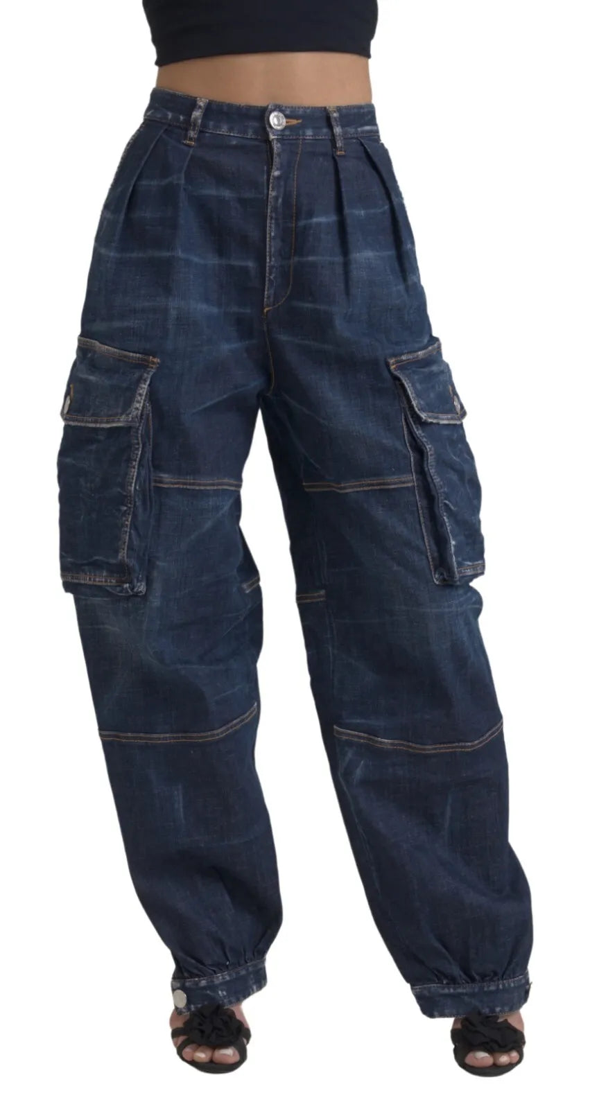 Blauwe katoenen cargo baggy denim jeans met hoge taille