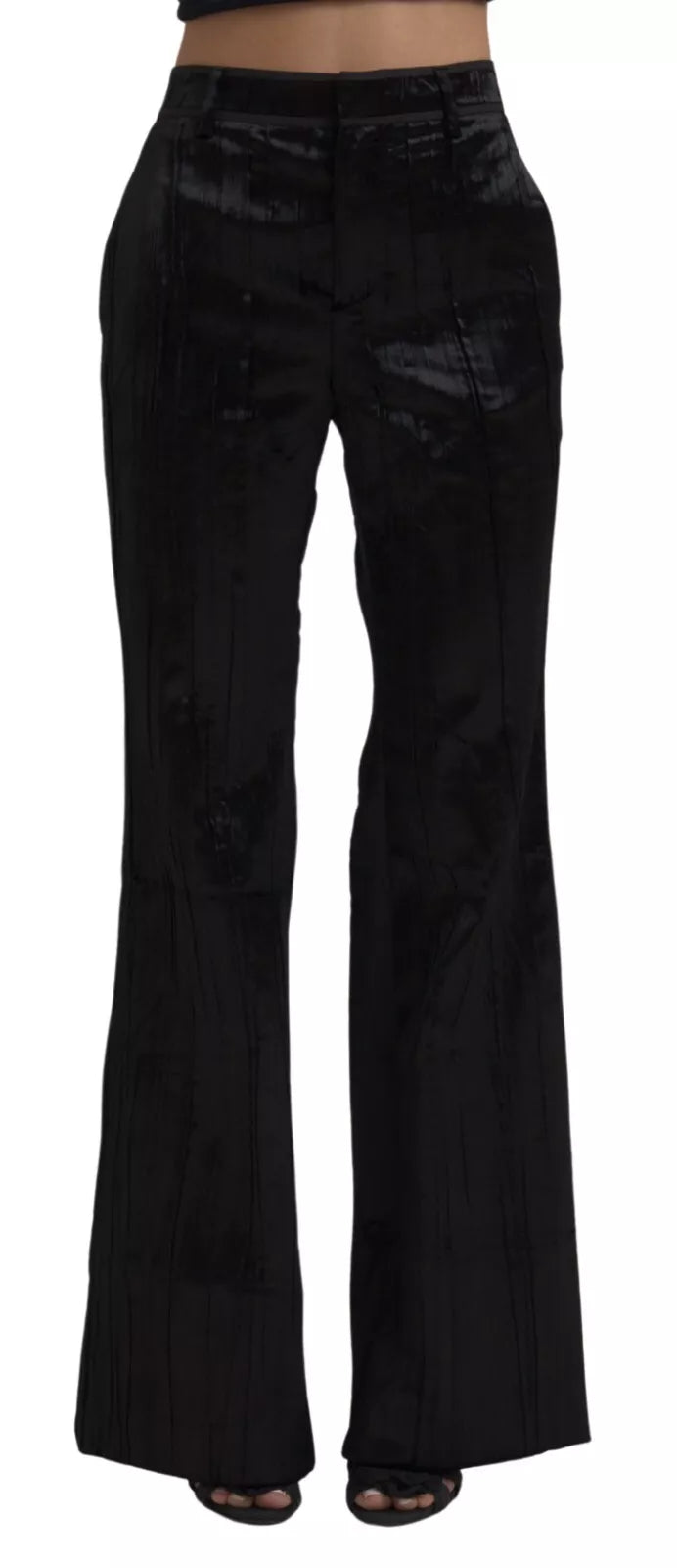 Zwarte viscose super flare hoge taille broek