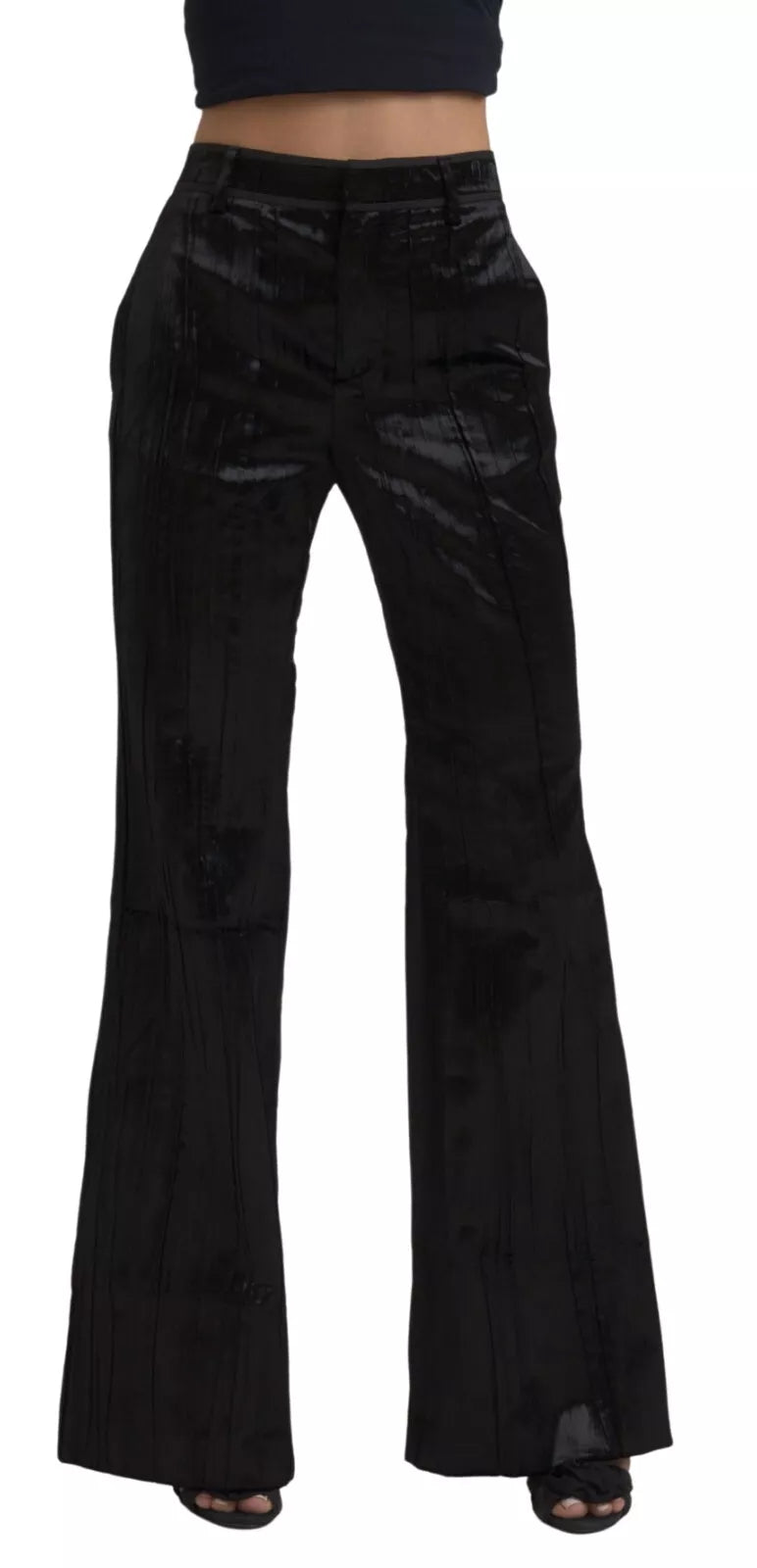 Zwarte viscose super flare hoge taille broek