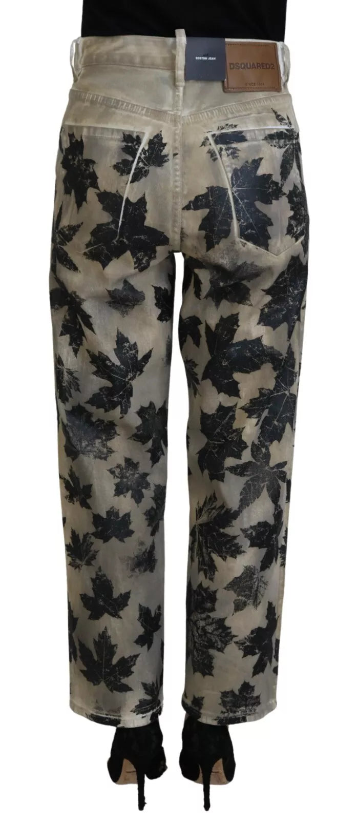Beige bladeren katoenen hoge taille denim jeans Boston