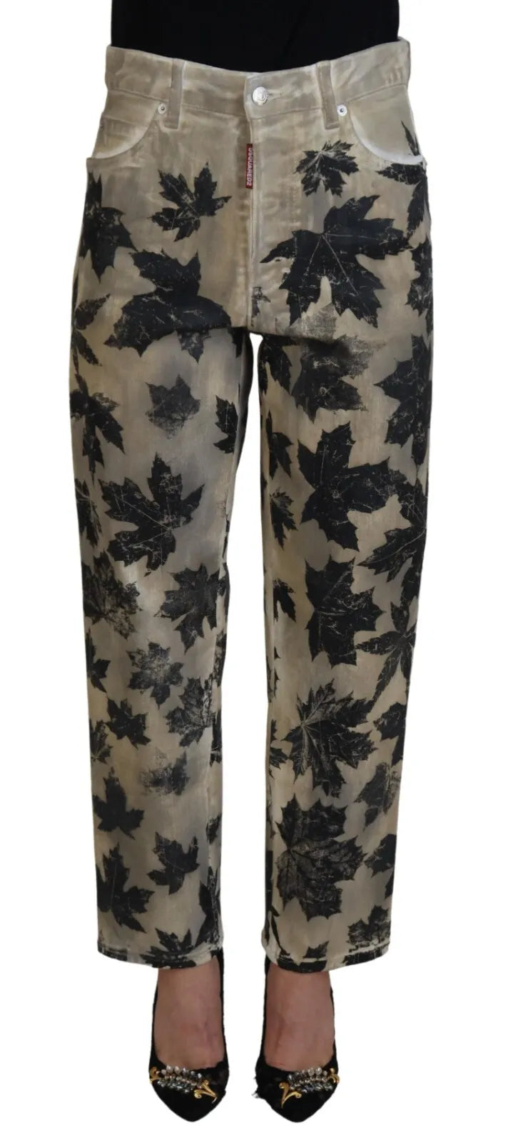 Beige bladeren katoenen hoge taille denim jeans Boston