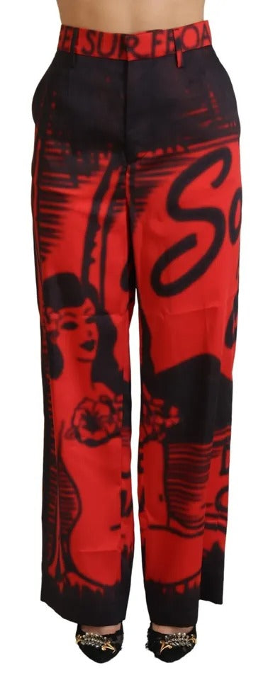 Rode bedrukte hoge taille rechte broek