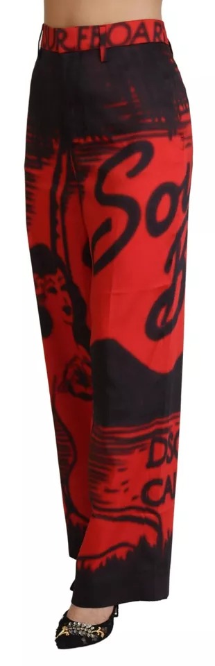 Rode bedrukte hoge taille rechte broek