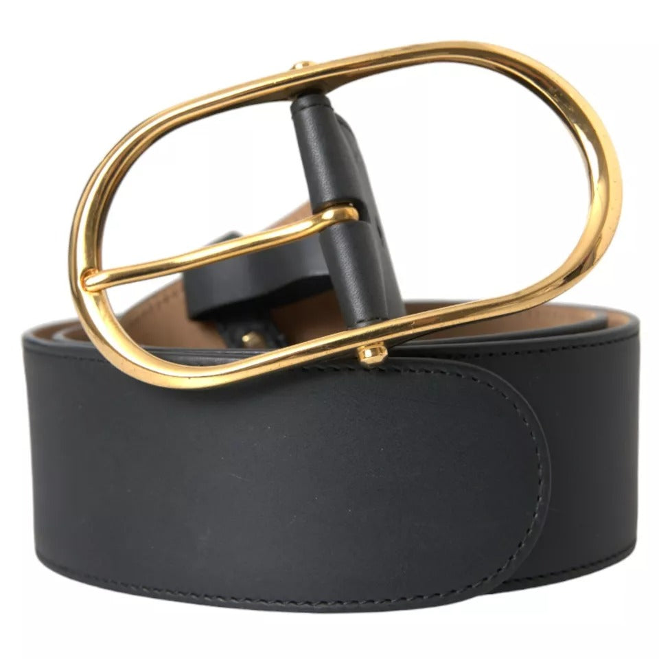 Zwarte leren riem met ovale metalen gesp en gouden details