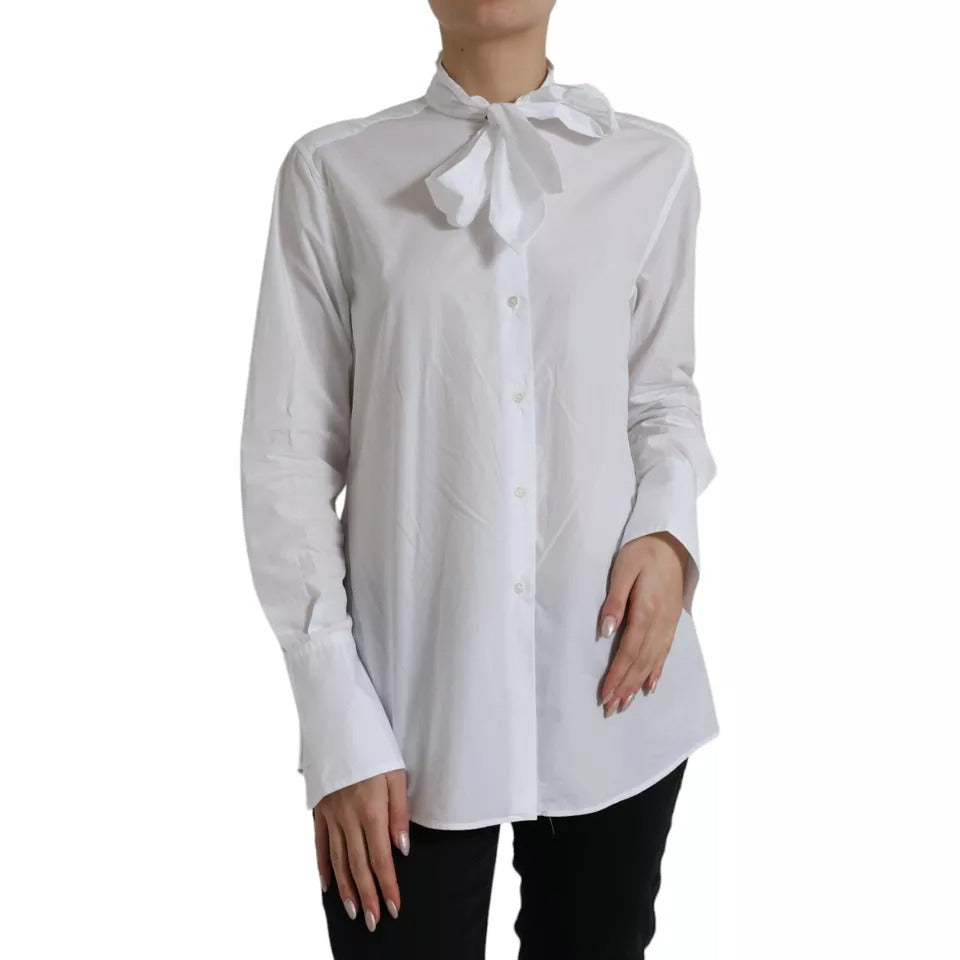 Witte katoenen Ascot-kraag top met lange mouwen
