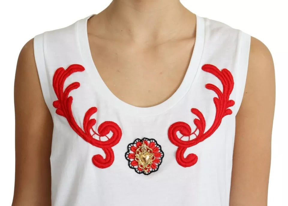 Witte katoenen mouwloze tanktop met hartjesapplicatie
