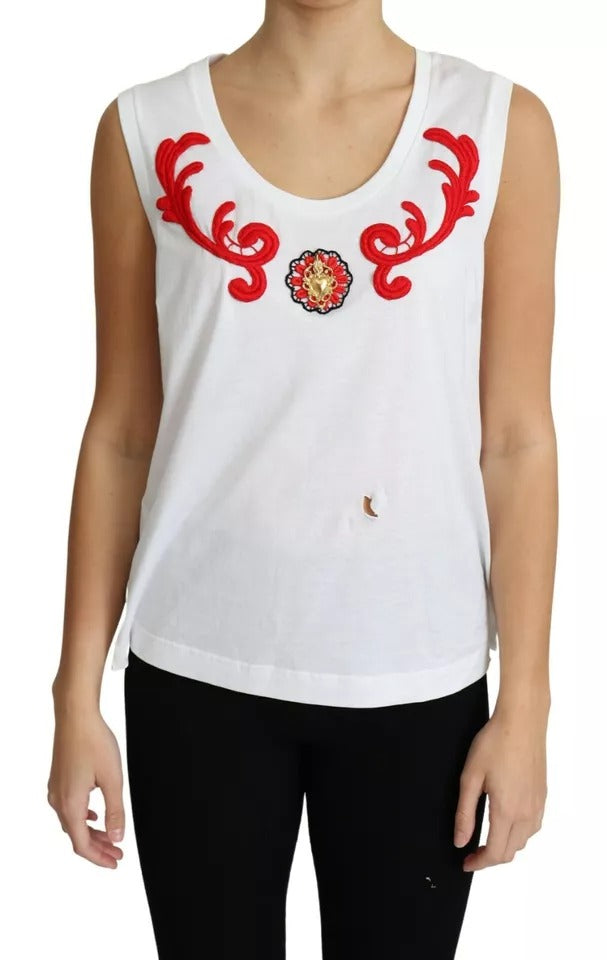 Witte katoenen mouwloze tanktop met hartjesapplicatie