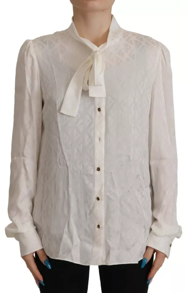 Witte blousetop met zijden Ascot-kraag en patroon