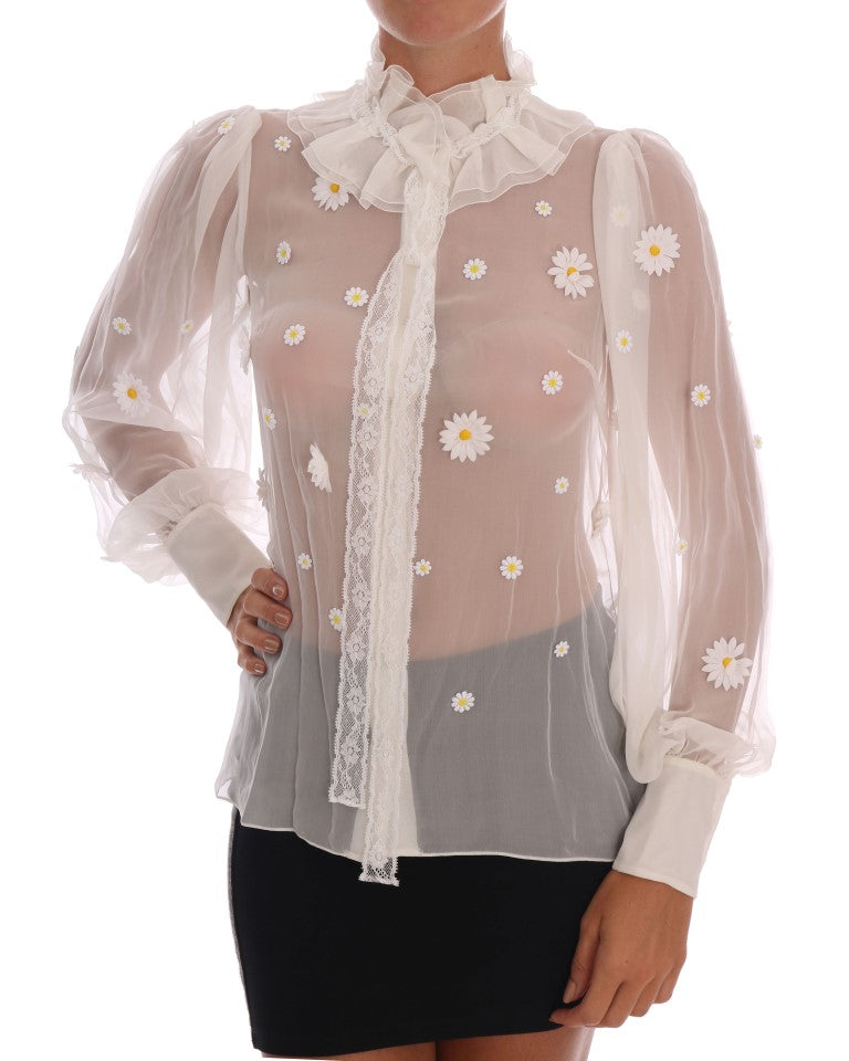 Witte zijden blouse met madeliefjesapplicatie