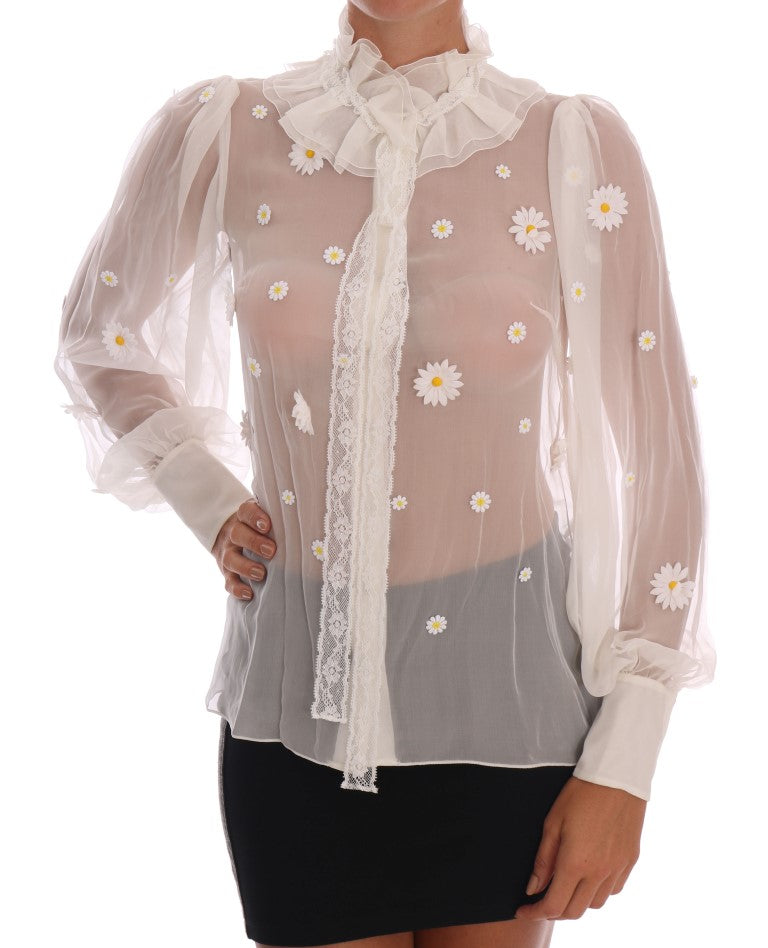 Witte zijden blouse met madeliefjesapplicatie