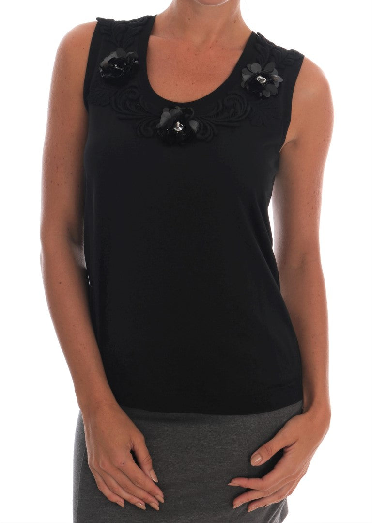 Zwarte katoenen tanktop met bloemenkristallen