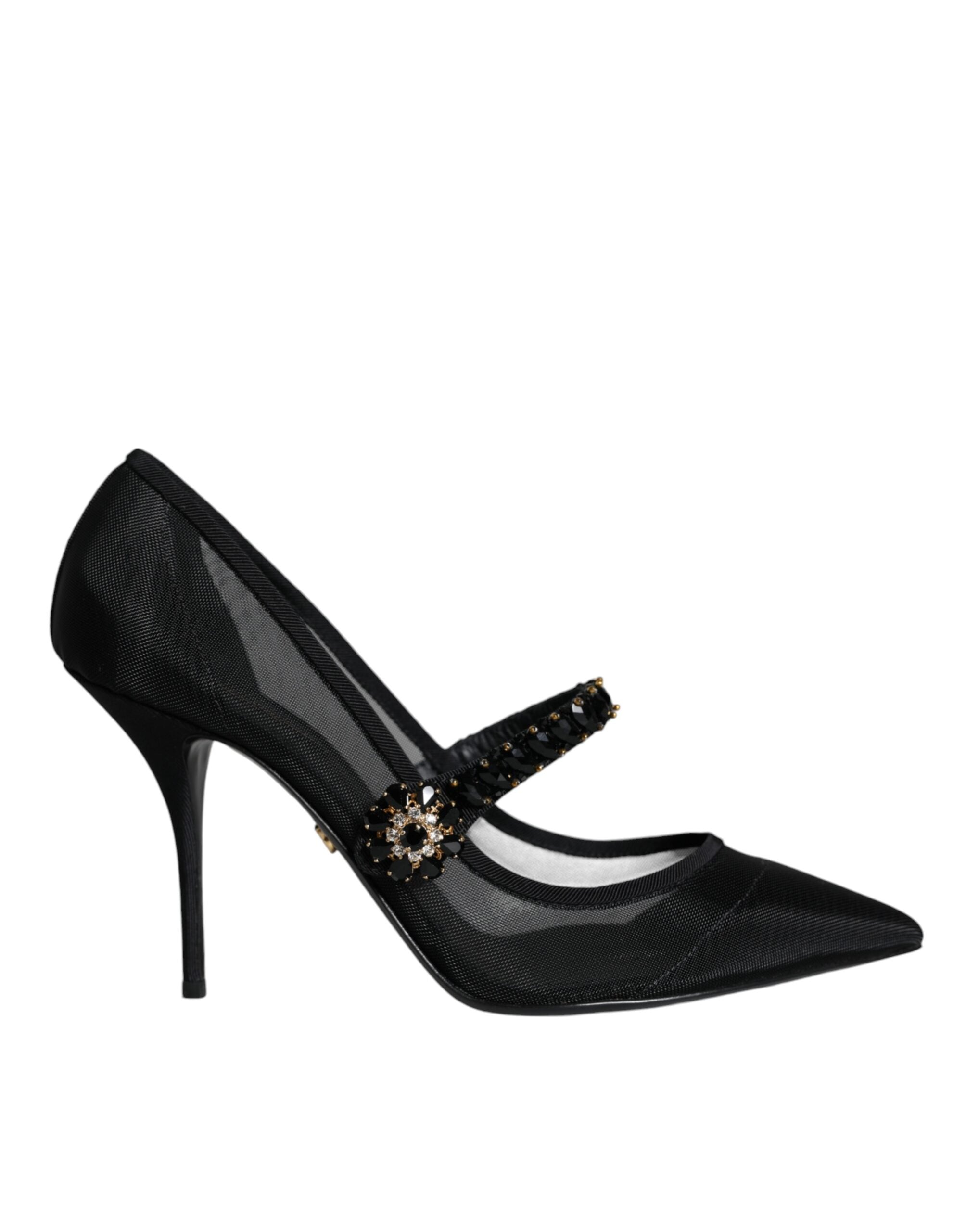 Zwarte mesh Mary Jane kristallen hak pumps schoenen