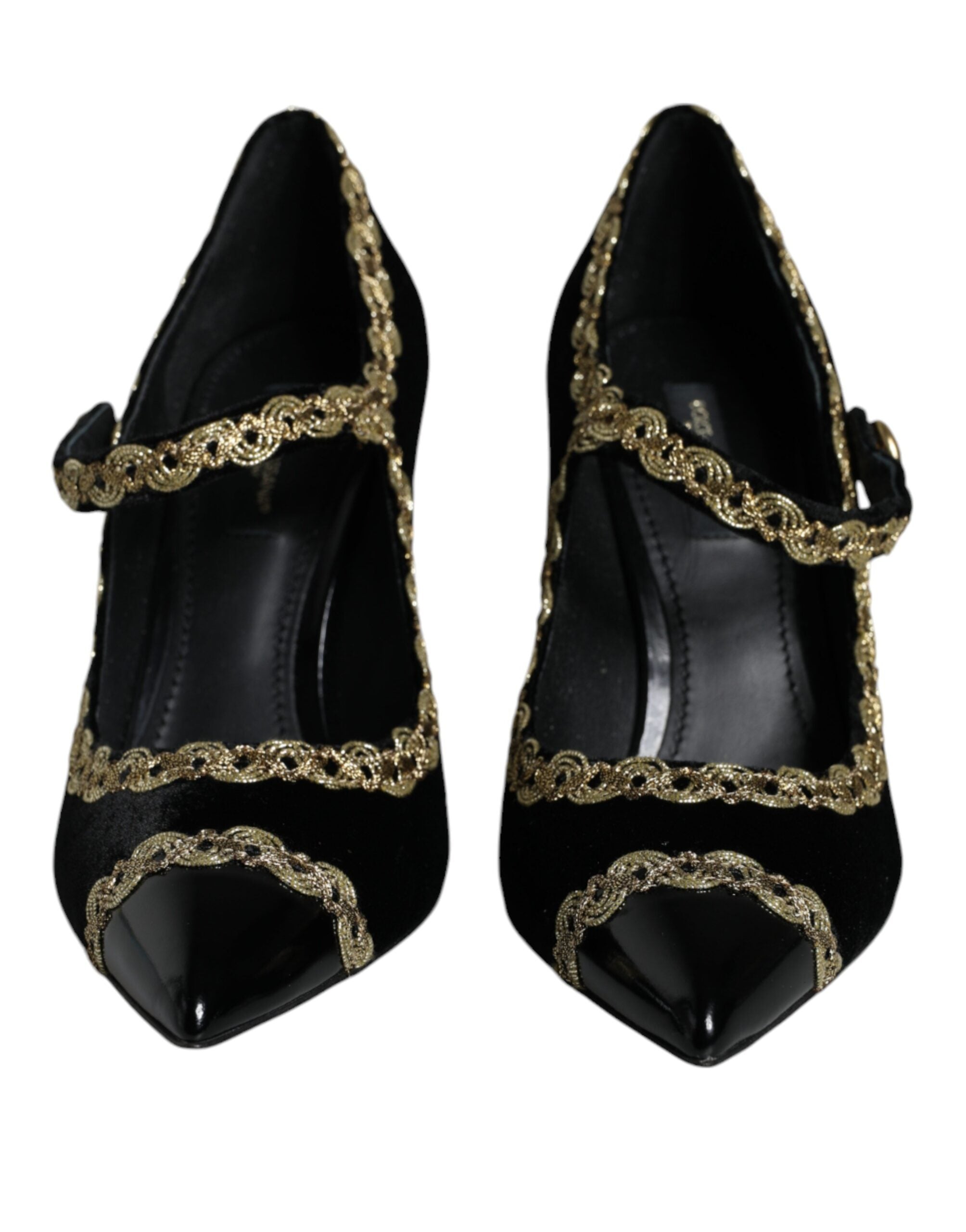 Zwarte Mary Janes fluwelen gouden pumps
