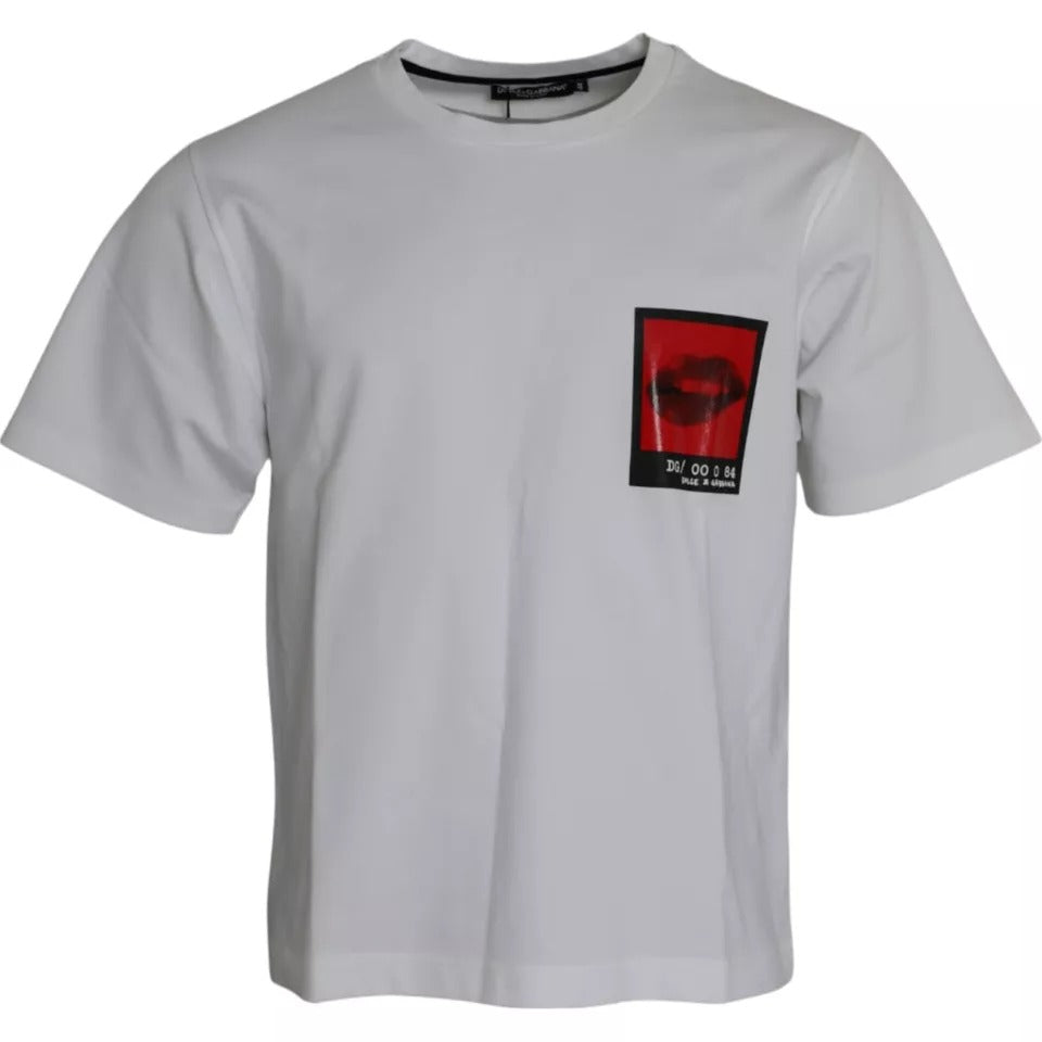 Wit katoenen heren T-shirt met rode lippenprint