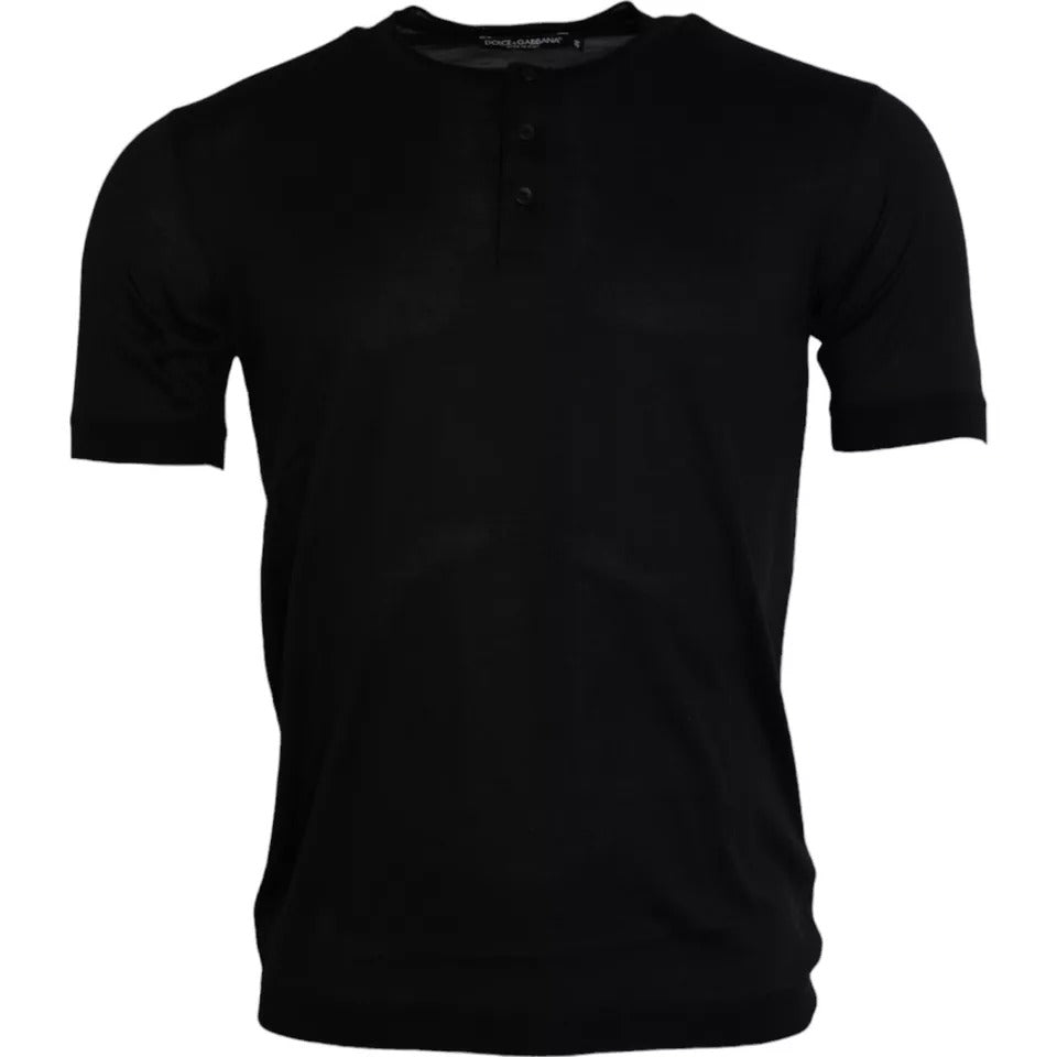 Zwarte zijden T-shirt met ronde hals en korte mouwen